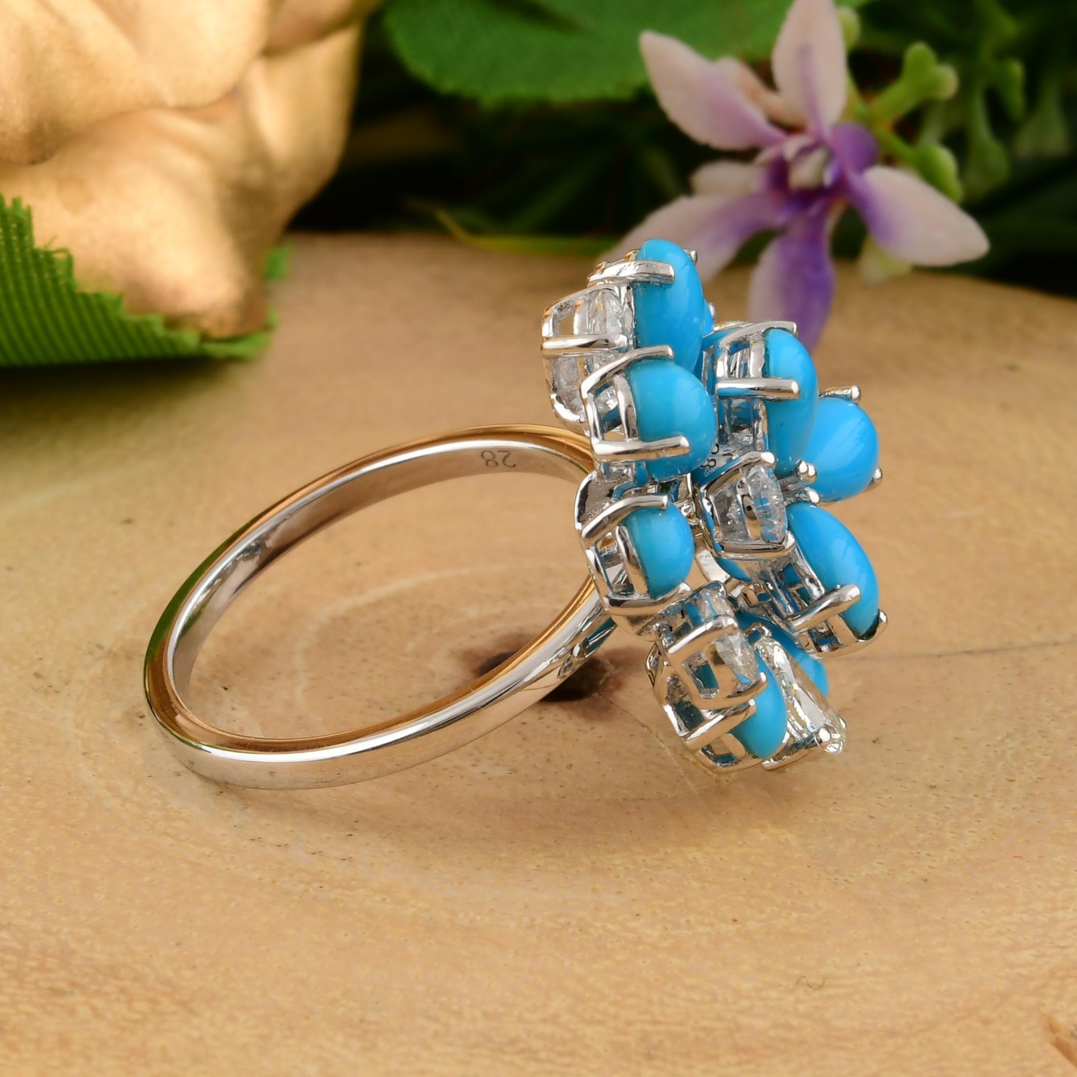 En vente :  Bague cocktail florale en or 18k avec turquoise et diamant, taille poire certifiée, 3,62 ct 4