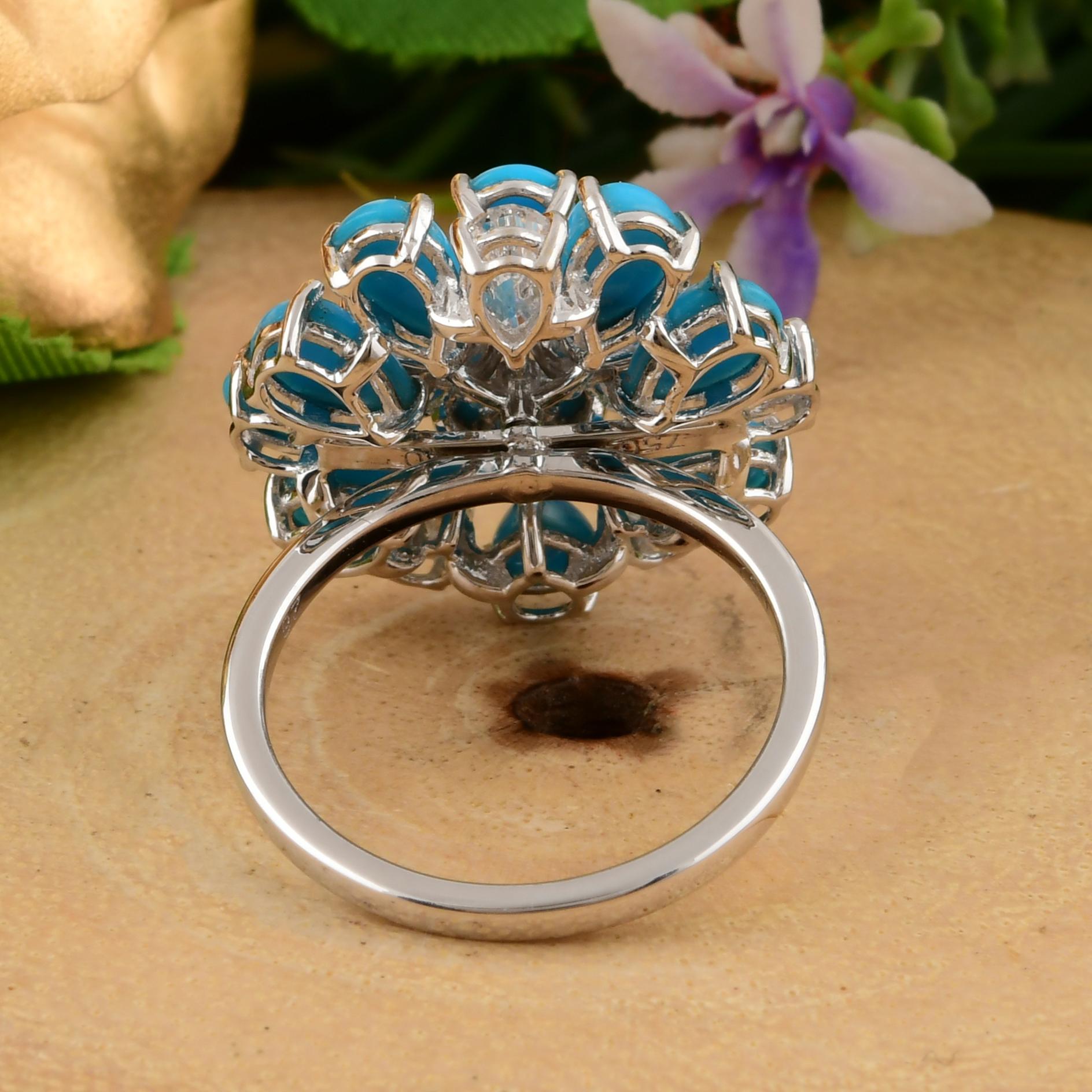 En vente :  Bague cocktail florale en or 18k avec turquoise et diamant, taille poire certifiée, 3,62 ct 5