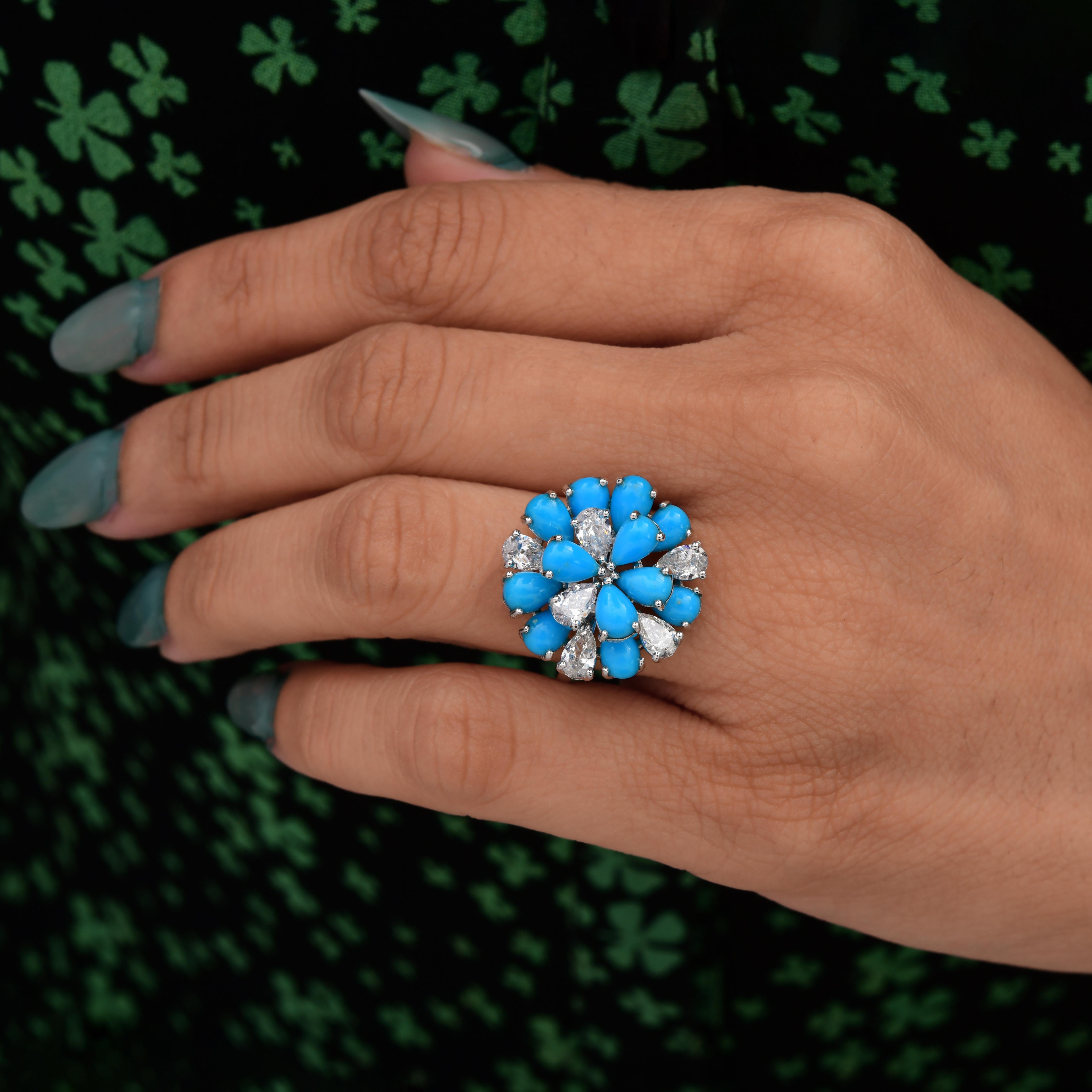 En vente :  Bague cocktail florale en or 18k avec turquoise et diamant, taille poire certifiée, 3,62 ct 6