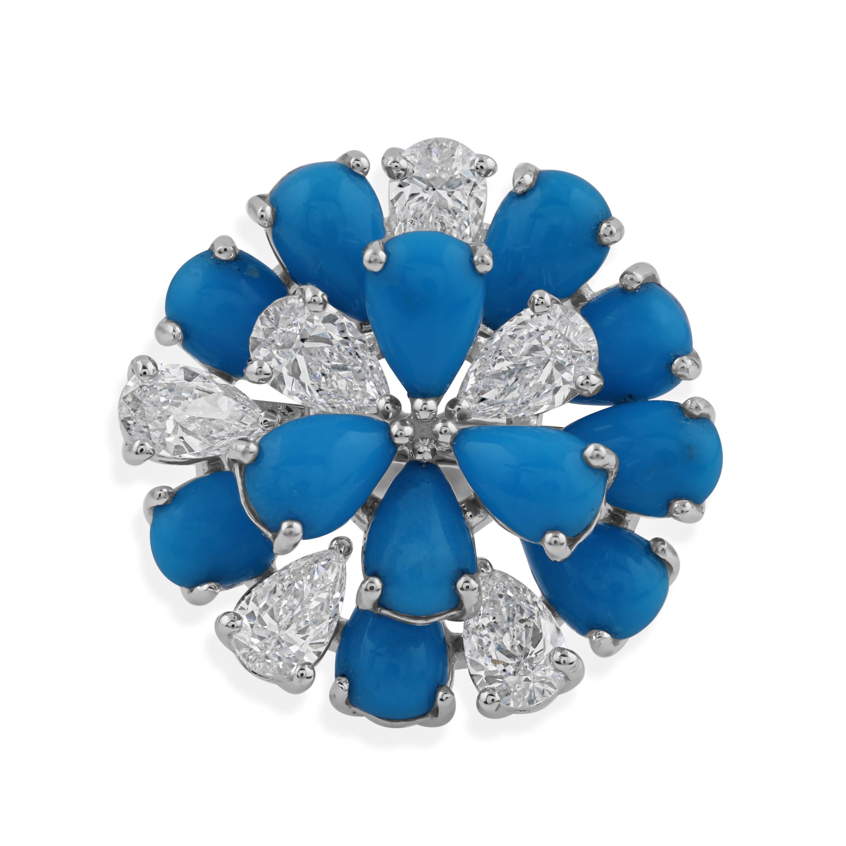 En vente :  Bague cocktail florale en or 18k avec turquoise et diamant, taille poire certifiée, 3,62 ct 7
