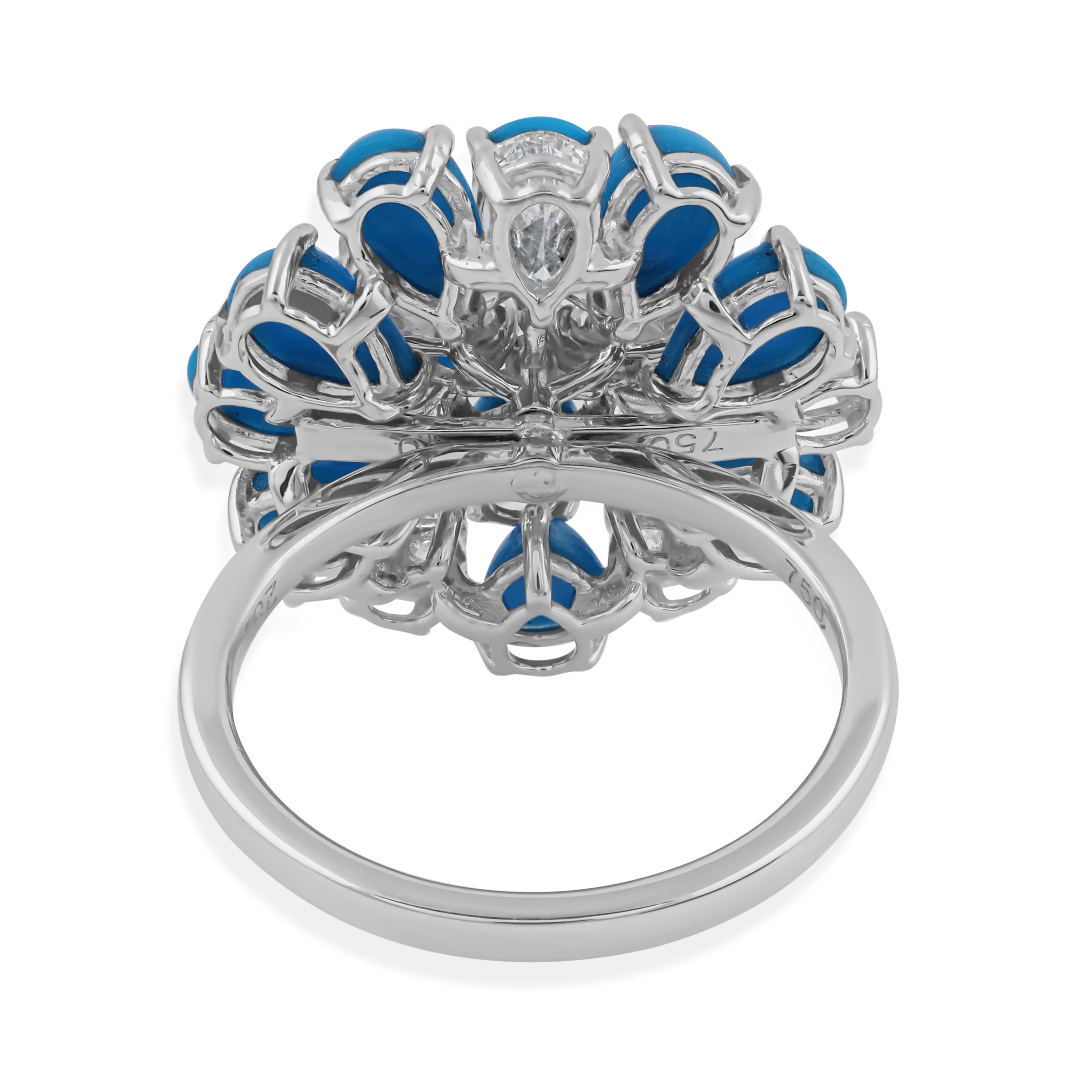 En vente :  Bague cocktail florale en or 18k avec turquoise et diamant, taille poire certifiée, 3,62 ct 9