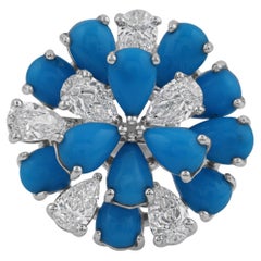 Bague cocktail florale en or 18k avec turquoise et diamant, taille poire certifiée, 3,62 ct
