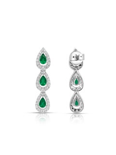 Orecchino pendente in oro 18 carati con smeraldo colombiano e diamanti bianchi certificati con taglio a pera