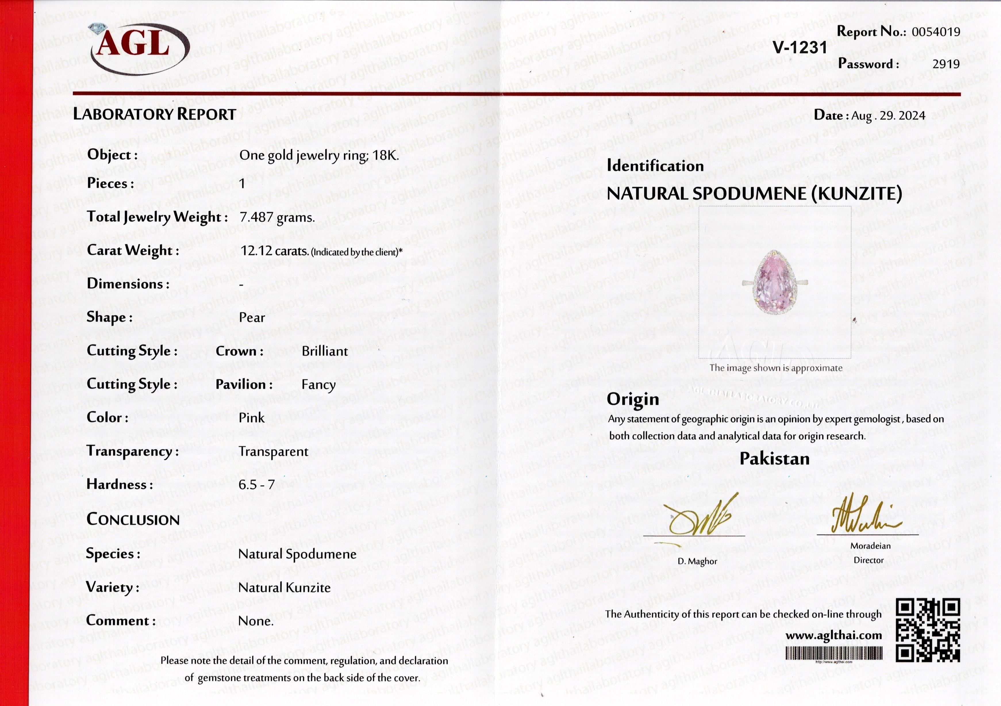 Certified Pear Shape 12.12 Carat Kunzite and Diamond Solitaire Cocktail Ring For Sale 3