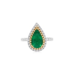 Certified Pear Shape Colombian Emerald Yellow Diamond Turnable 18K Gold Ring