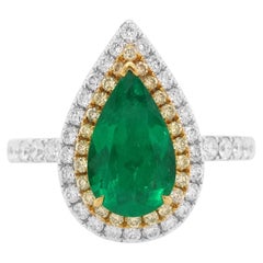 Émeraude colombienne certifiée de forme poire, diamant jaune, bague tournante en or 18K
