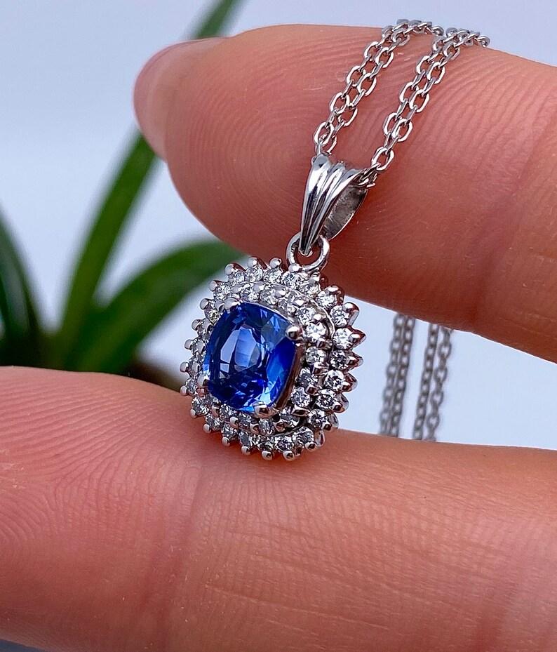 Cushion Cut Certified Pendant with Natural Blue Sapphire and Diamonds, 14 Karat White Gold For Sale