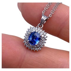 Certified Pendant with Natural Blue Sapphire and Diamonds, 14 Karat White Gold