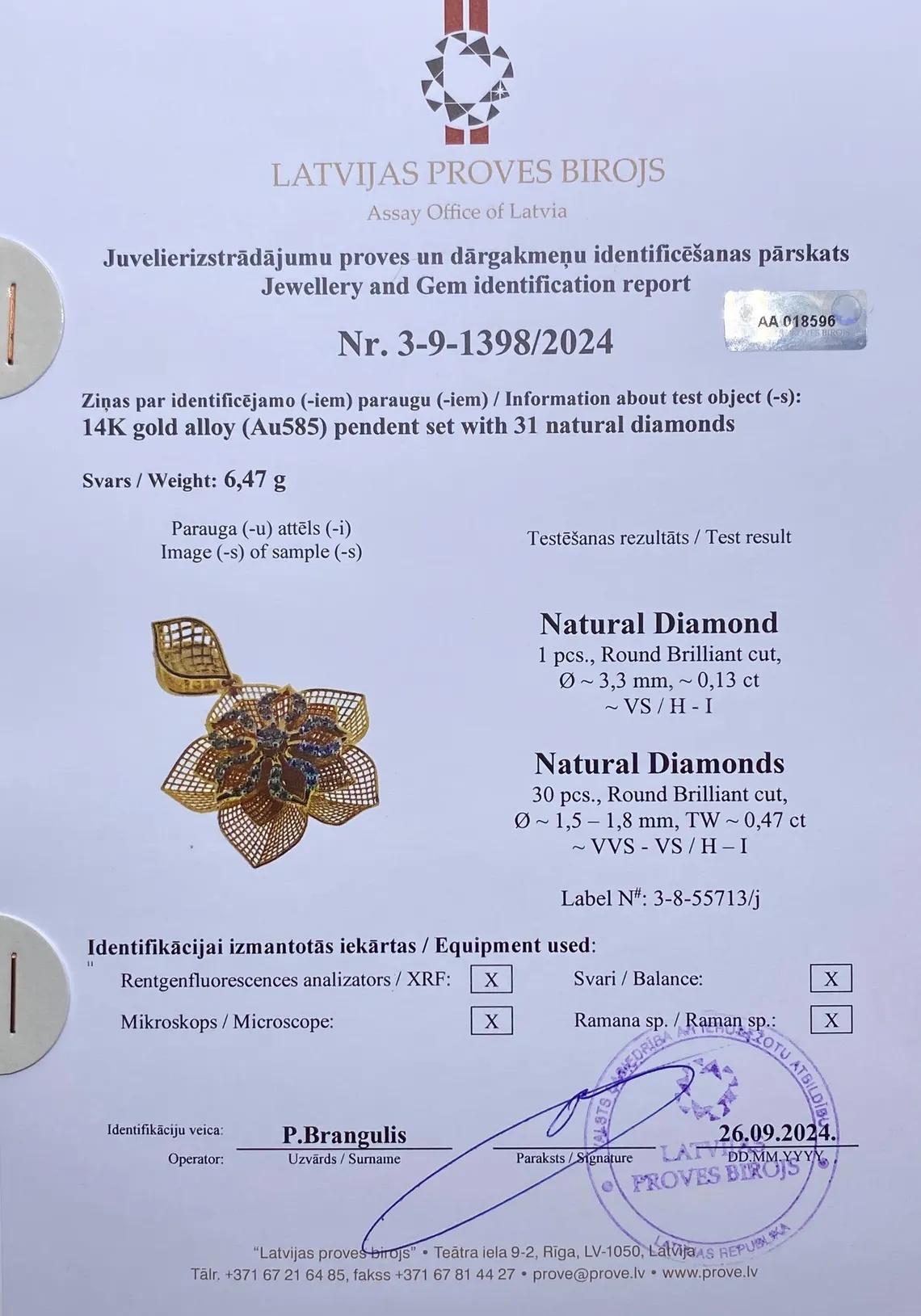 Certified Pendant with Natural VVS Diamonds 31 Pieces, 14 Karat Yellow Gold, 585 In New Condition For Sale In Daugavpils, LV
