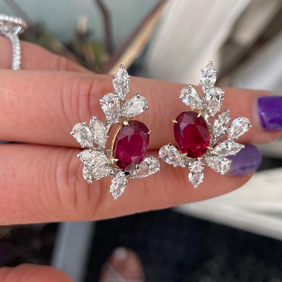 Oval Cut Certified Pigeon Blood Ruby and Diamond Lever-Back Earrings