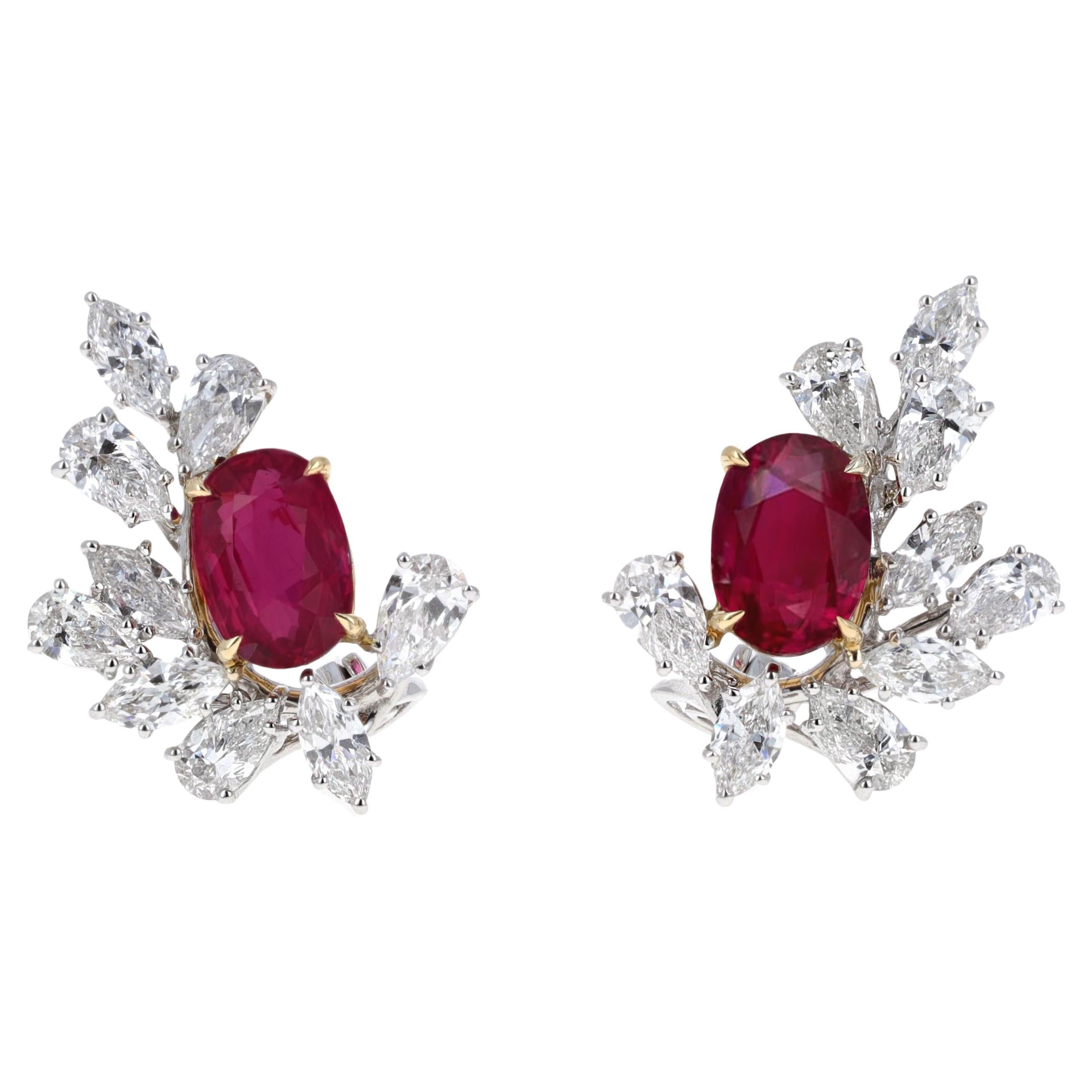 Certified Pigeon Blood Ruby and Diamond Lever-Back Earrings