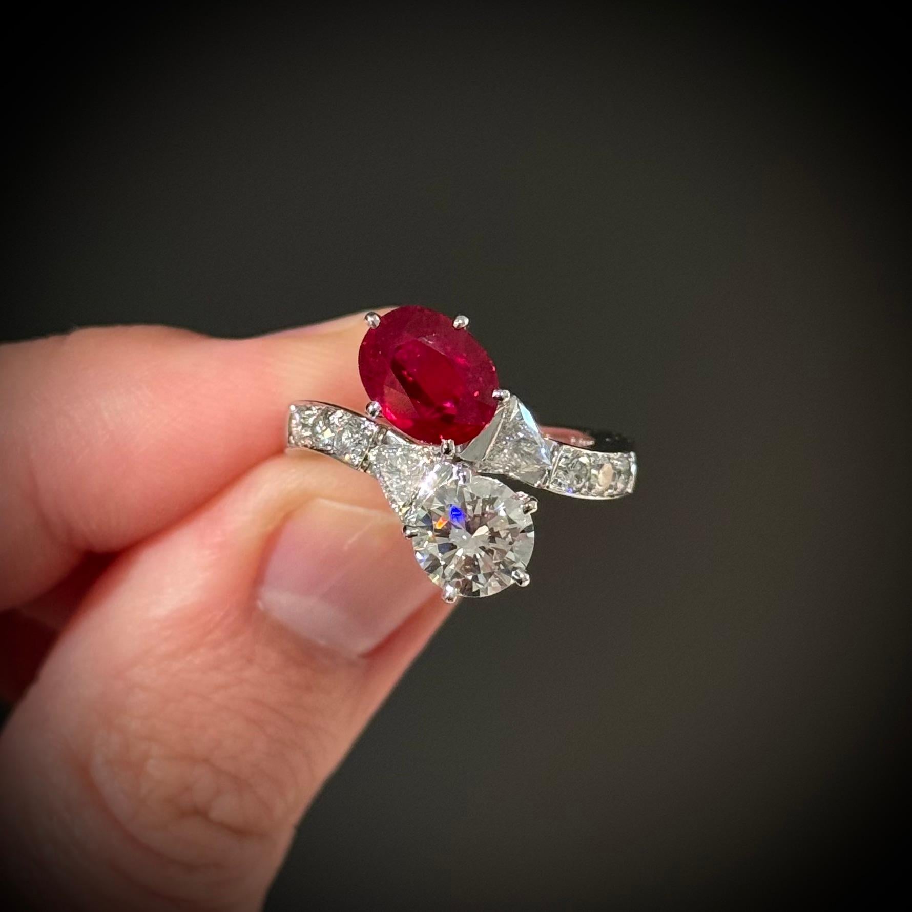 Certified Pigeon's Blood Burmese Burma Ruby Diamond Toi et Moi Engagement Ring For Sale 8