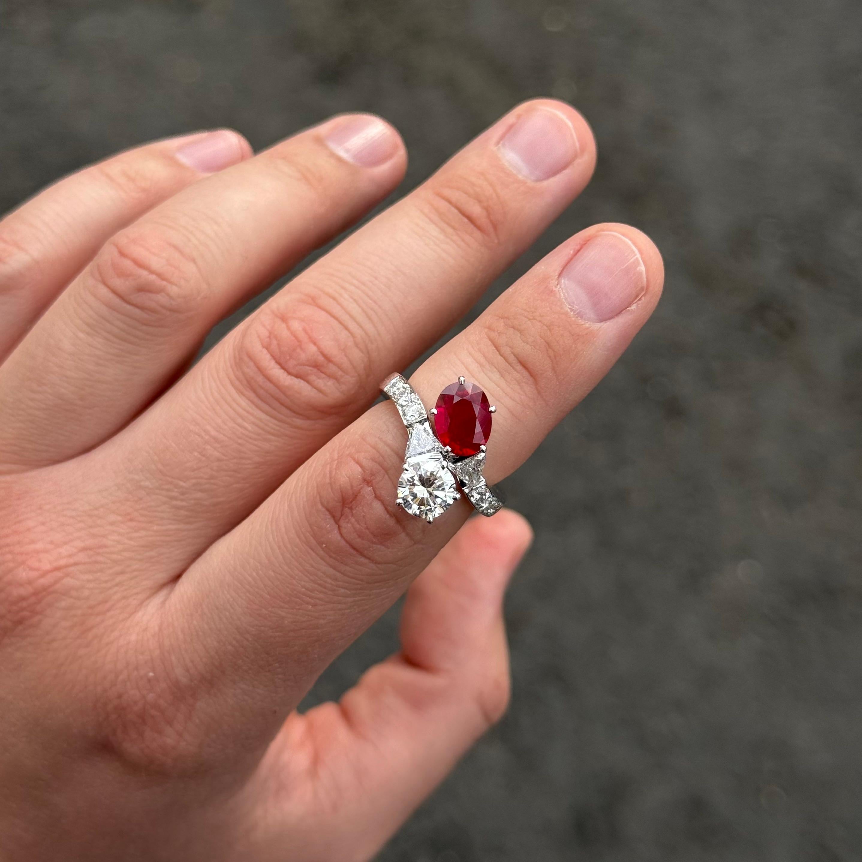 Certified Pigeon's Blood Burmese Burma Ruby Diamond Toi et Moi Engagement Ring For Sale 10