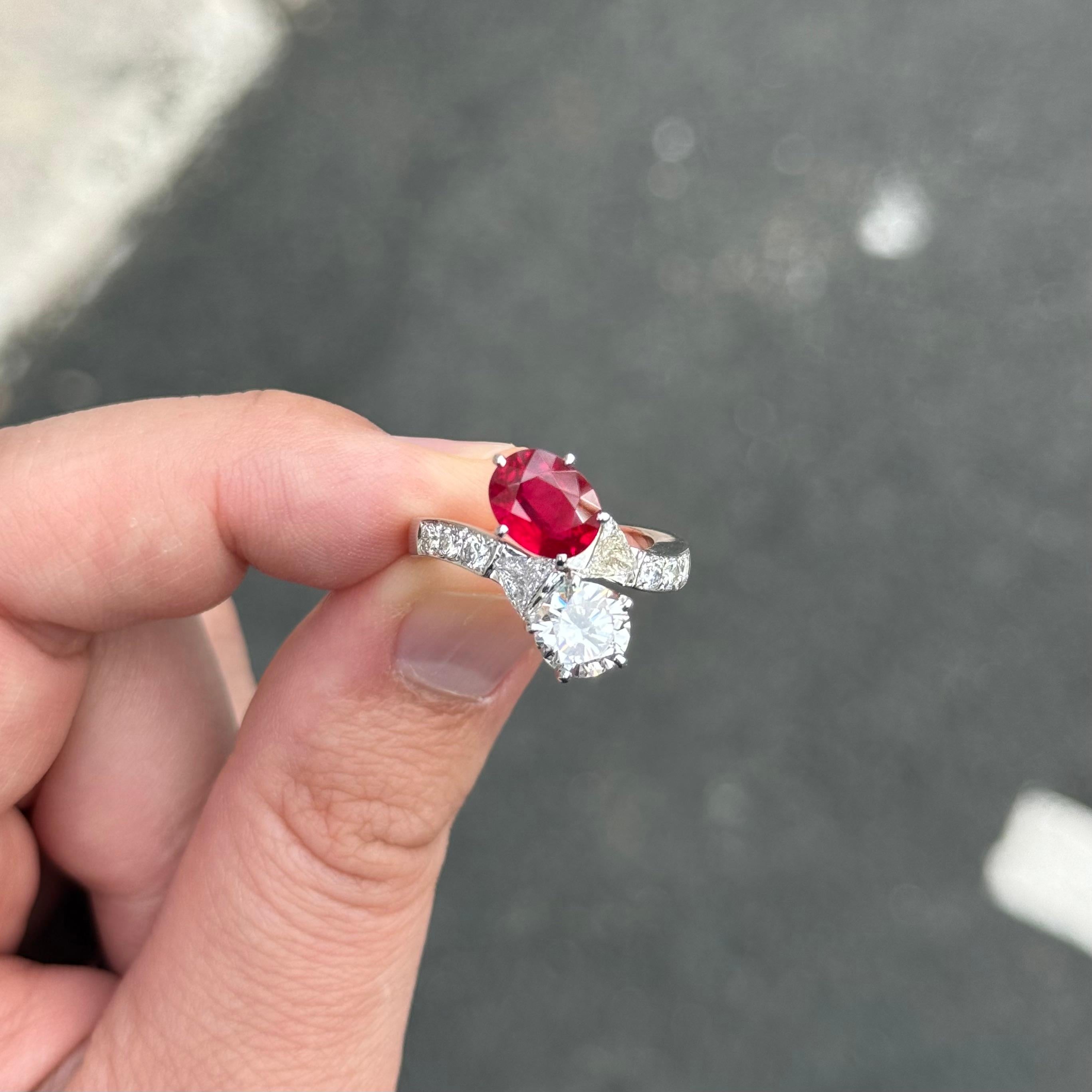 Certified Pigeon's Blood Burmese Burma Ruby Diamond Toi et Moi Engagement Ring For Sale 11