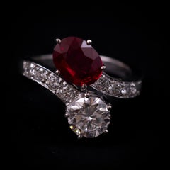 Certified Pigeon's Blood Burmese Burma Ruby Diamond Toi et Moi Engagement Ring