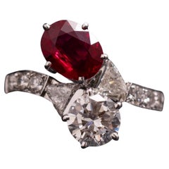 Verlobungsring, zertifizierter Taubenblut burmesischer Burma Rubin Diamant Toi et Moi