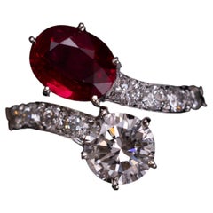 Certified Pigeon's Blood Burmese Burma Ruby Diamond Toi et Moi Engagement Ring