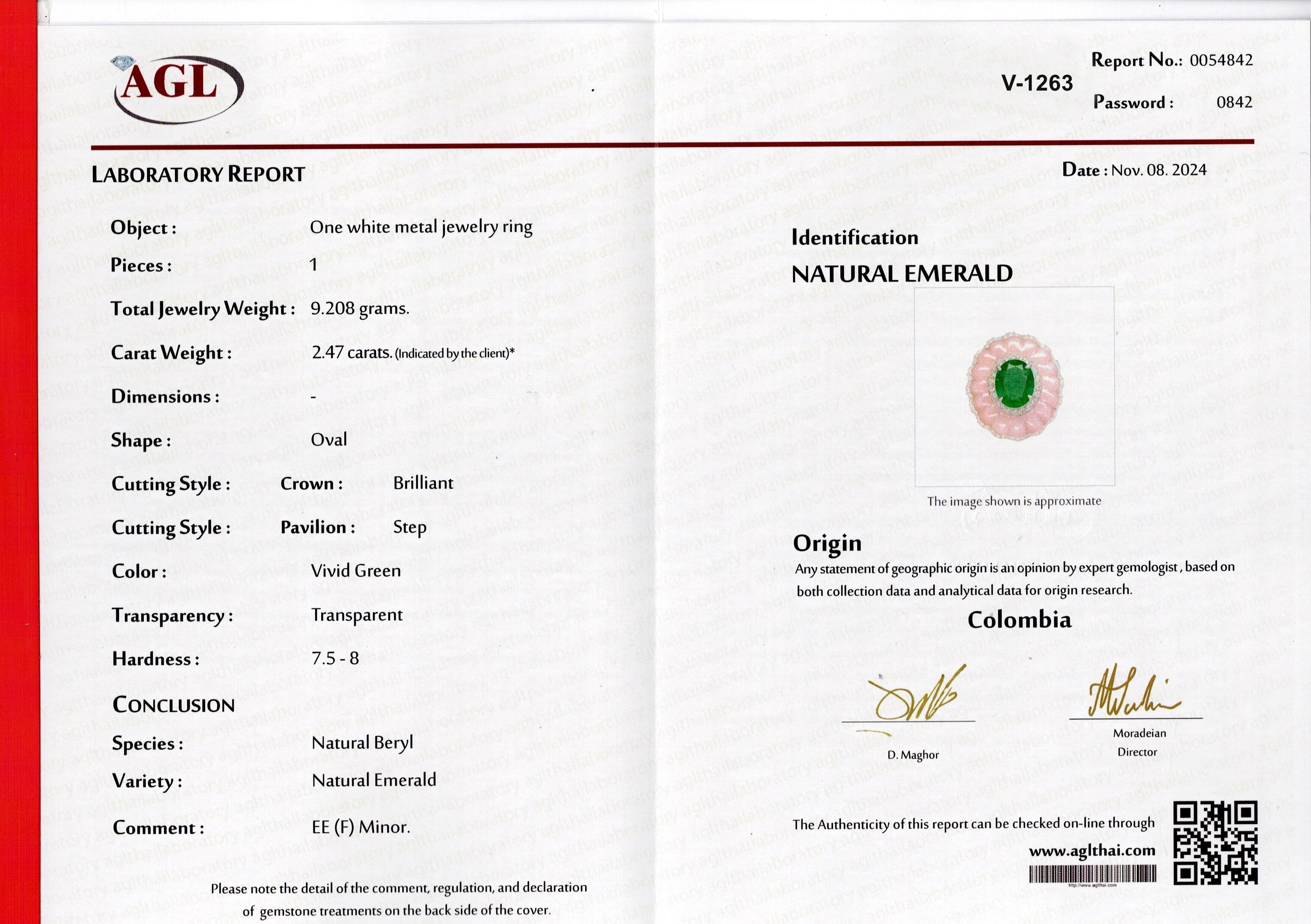 Certified Pink Opal And 7 Carat Colombian Emerald 18K Cocktail Ring For Sale 4