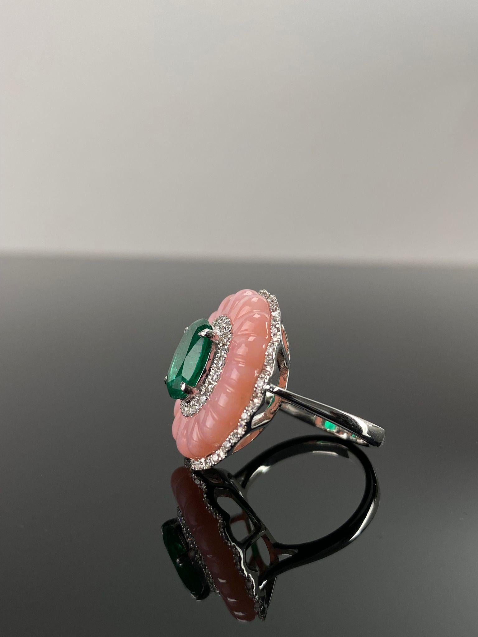 Modern Certified Pink Opal And 7 Carat Colombian Emerald 18K Cocktail Ring For Sale
