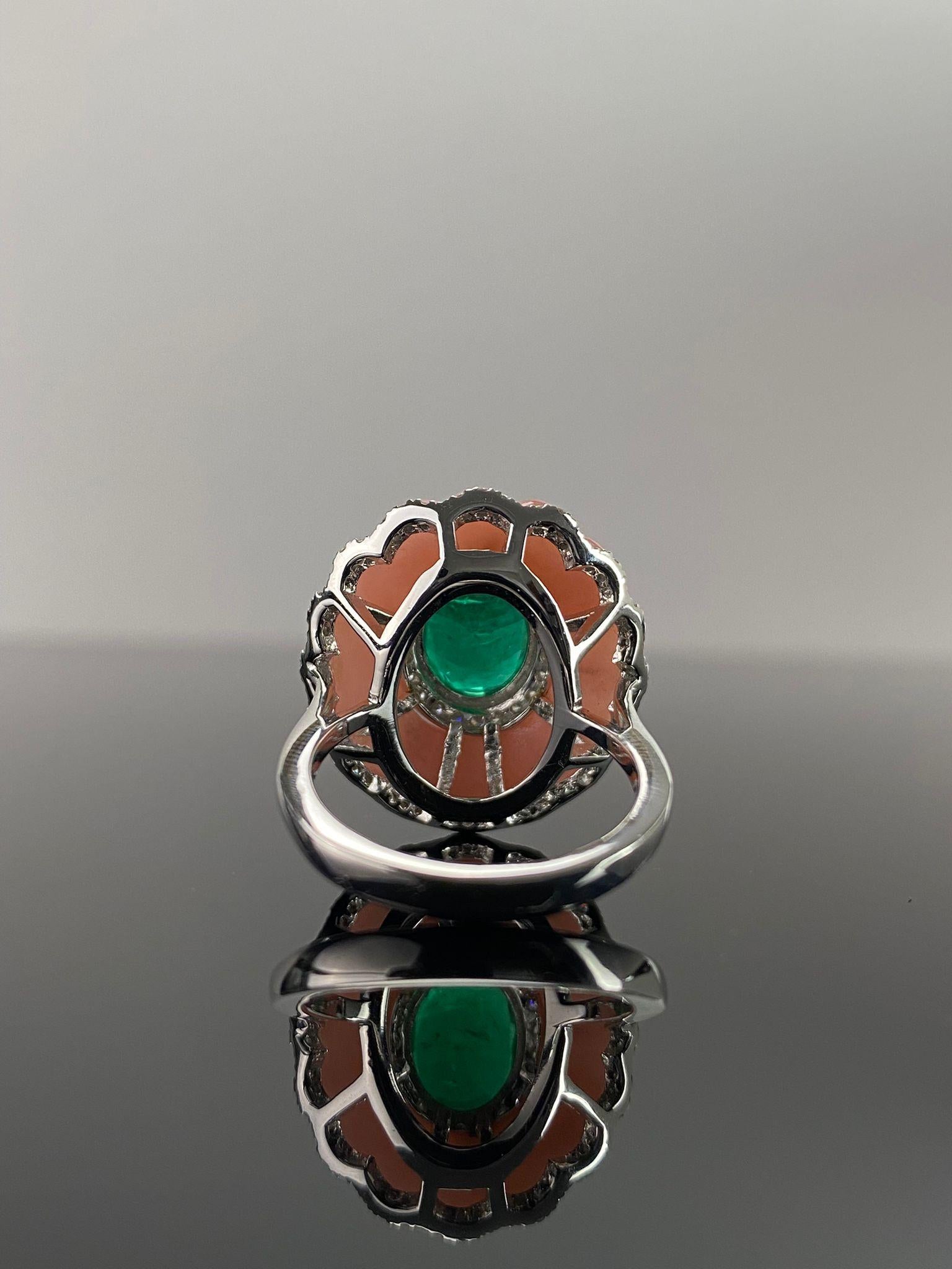Oval Cut Certified Pink Opal And 7 Carat Colombian Emerald 18K Cocktail Ring For Sale