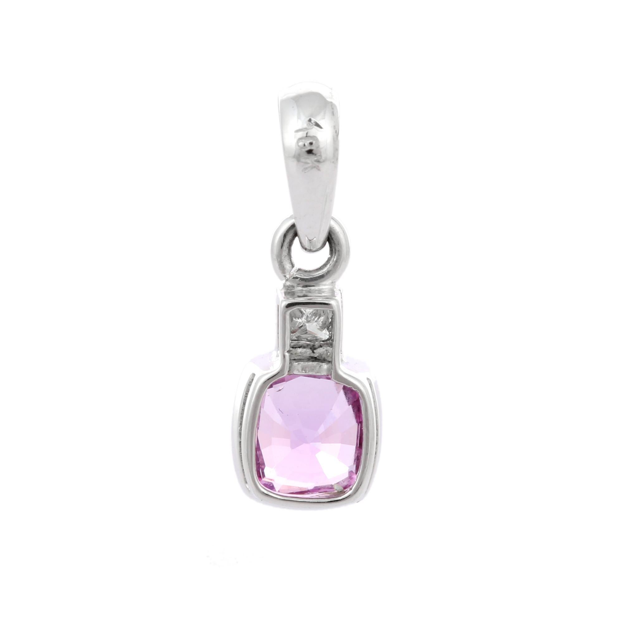 Modern Diamond and Cushion Shape Pink Sapphire Pendant in 18k Solid White Gold For Sale