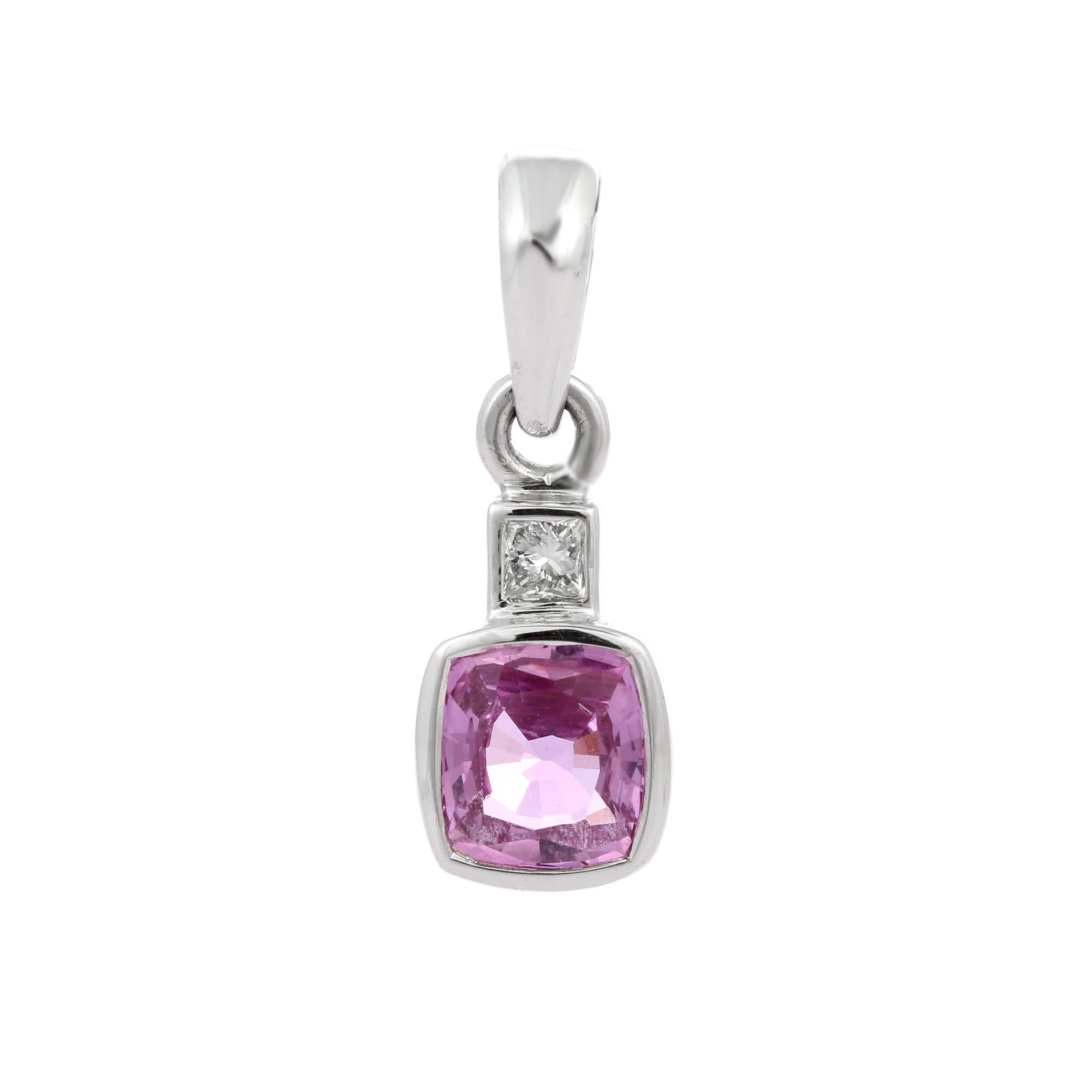 Diamond and Cushion Shape Pink Sapphire Pendant in 18k Solid White Gold In New Condition For Sale In Houston, TX
