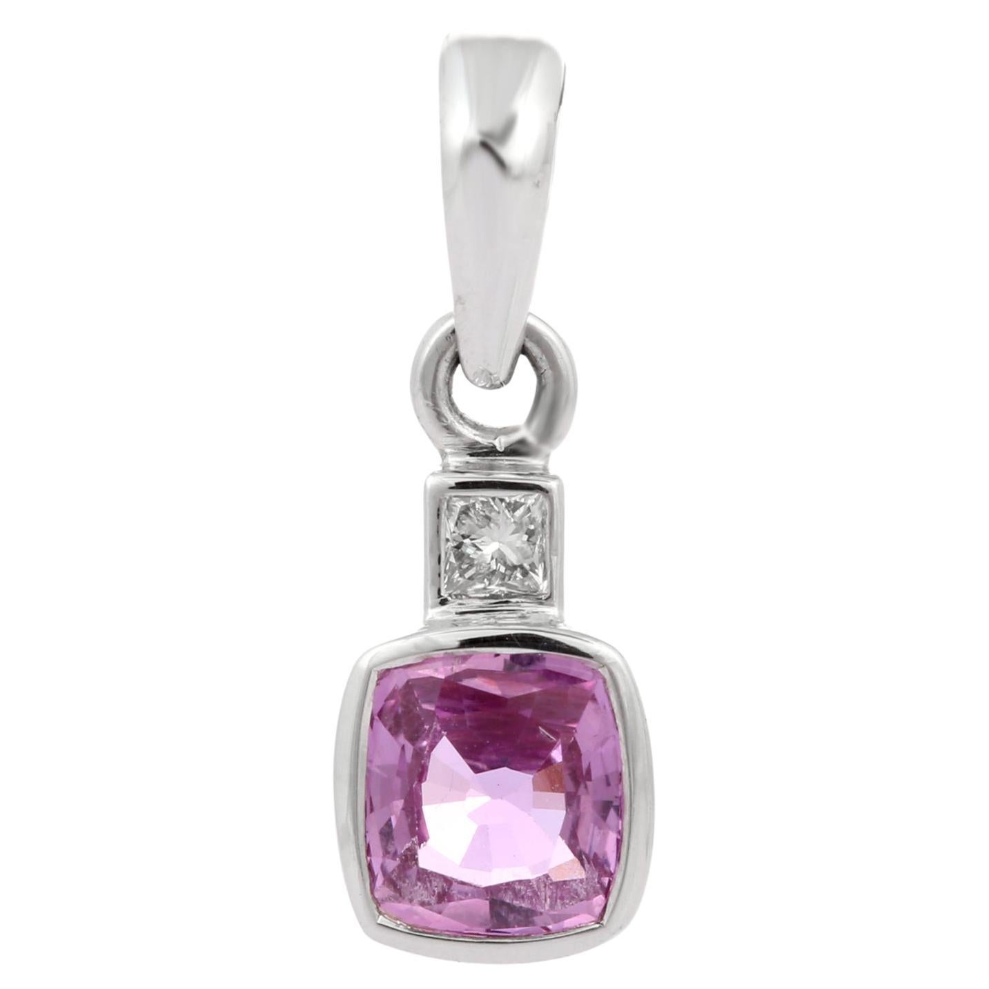 Diamond and Cushion Shape Pink Sapphire Pendant in 18k Solid White Gold For Sale