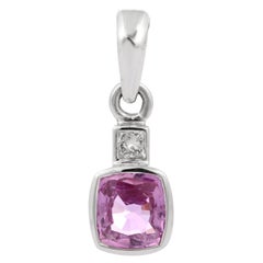 Diamond and Cushion Shape Pink Sapphire Pendant in 18k Solid White Gold