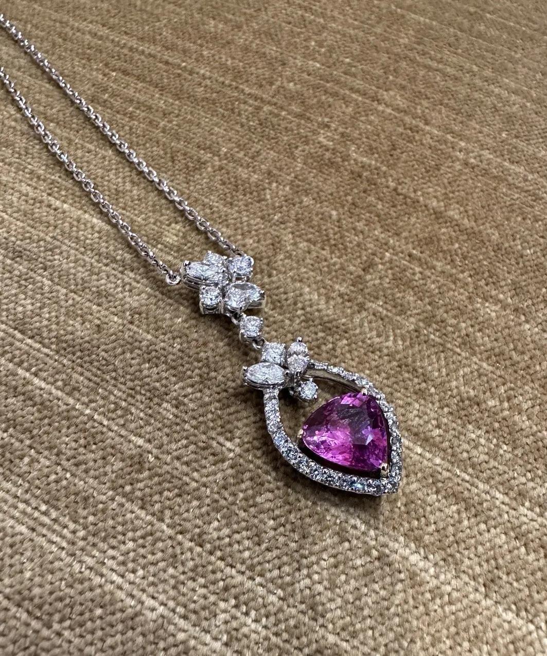 Women's Certified Pink Sapphire and Diamond Pendant Necklace in 18k White Gold For Sale