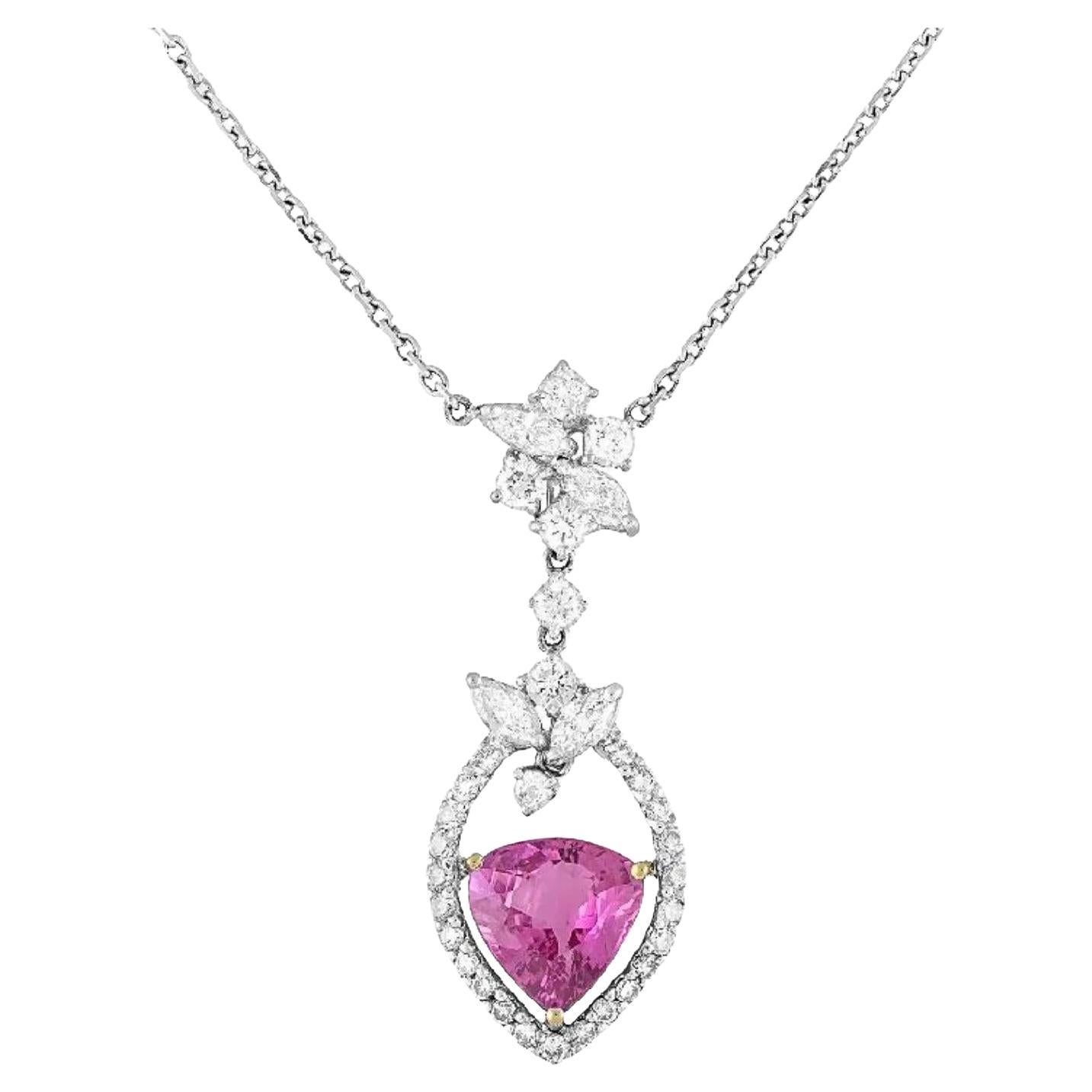Certified Pink Sapphire and Diamond Pendant Necklace in 18k White Gold For Sale
