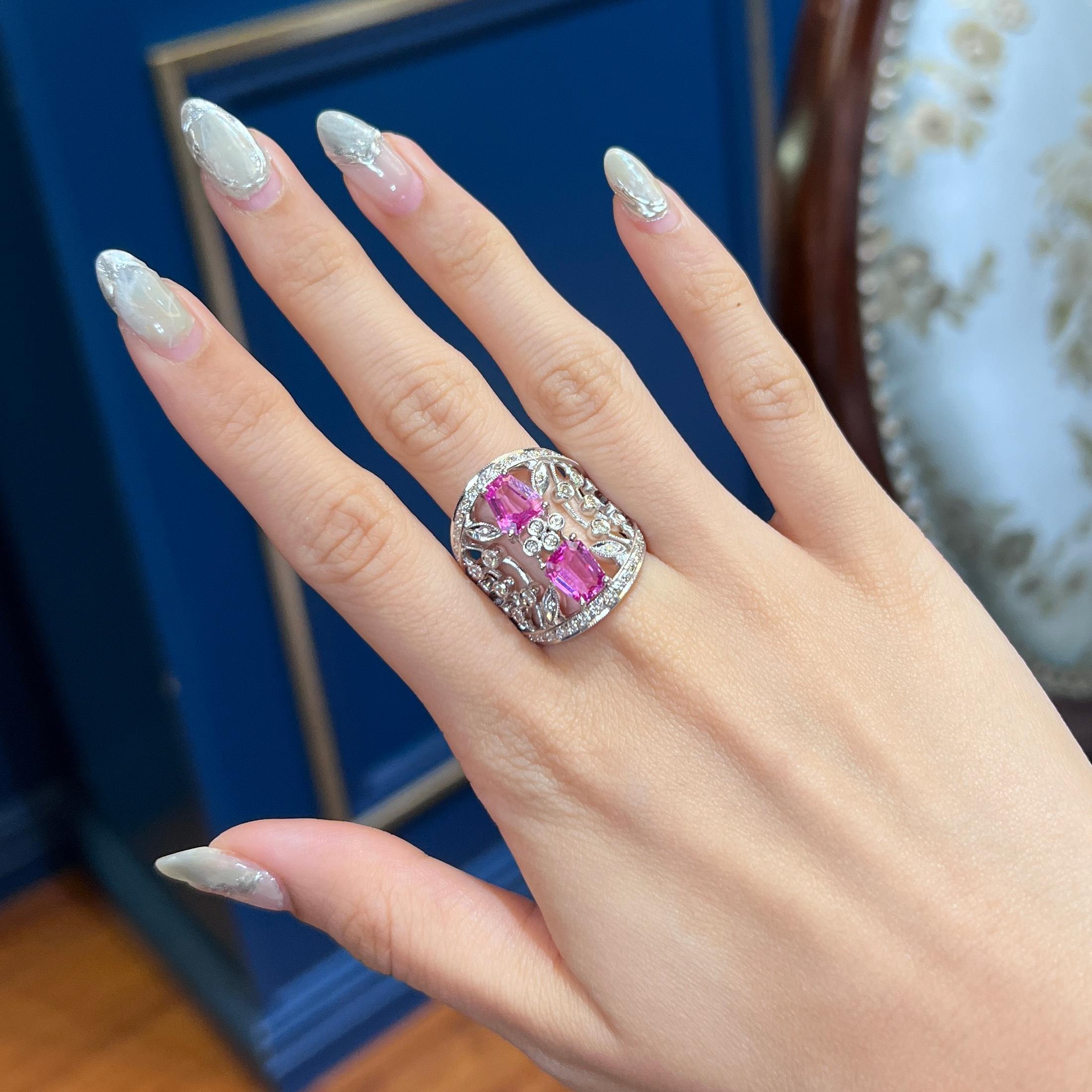 Art Nouveau Certified Pink Sapphire Hot Pink Barbie Color & Diamond PT 900 Designer Ring For Sale