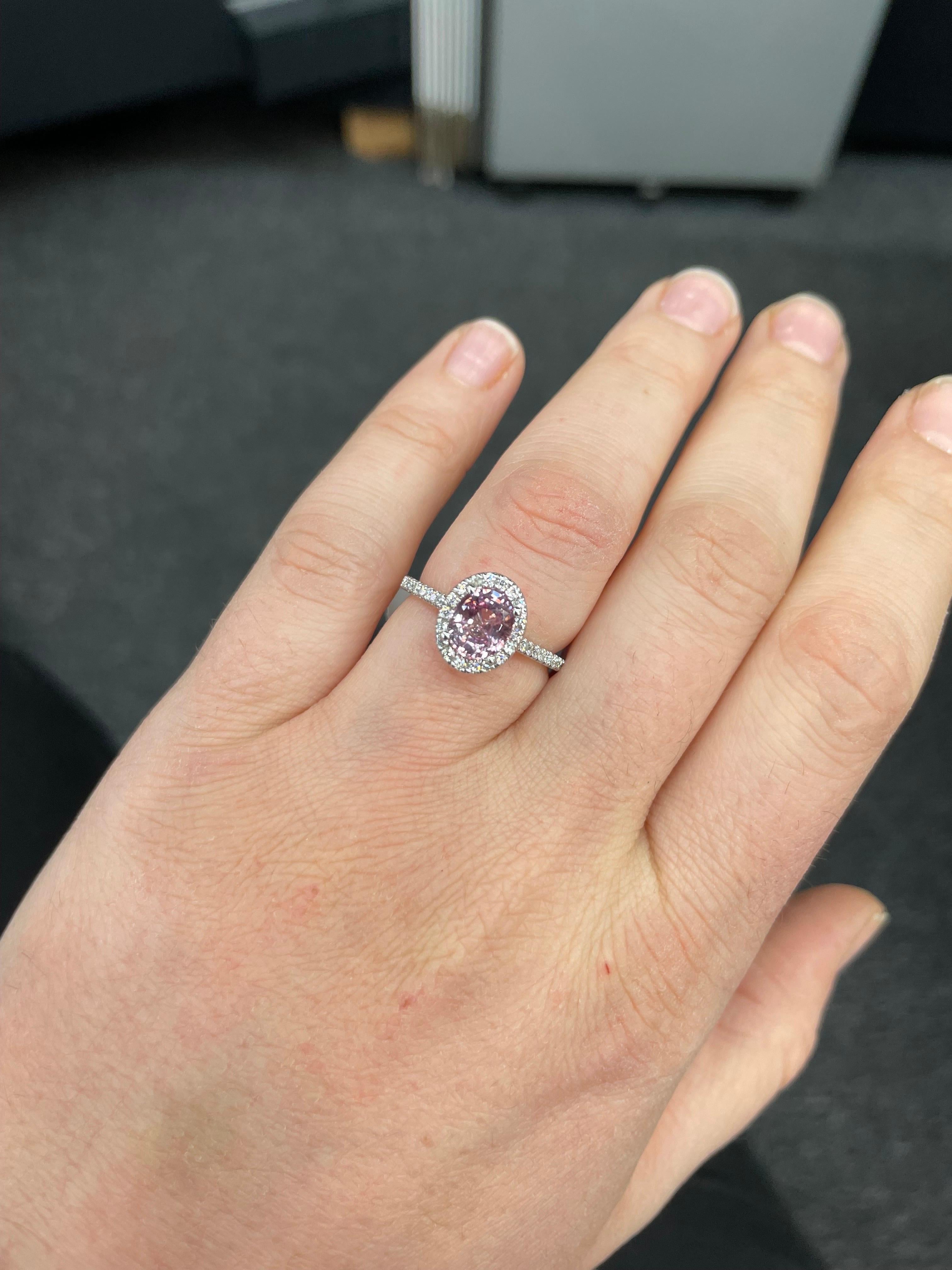 Oval Cut Certified Pink Sapphire No Heat Diamond Halo Ring 2.34 Carats 18k White Gold For Sale