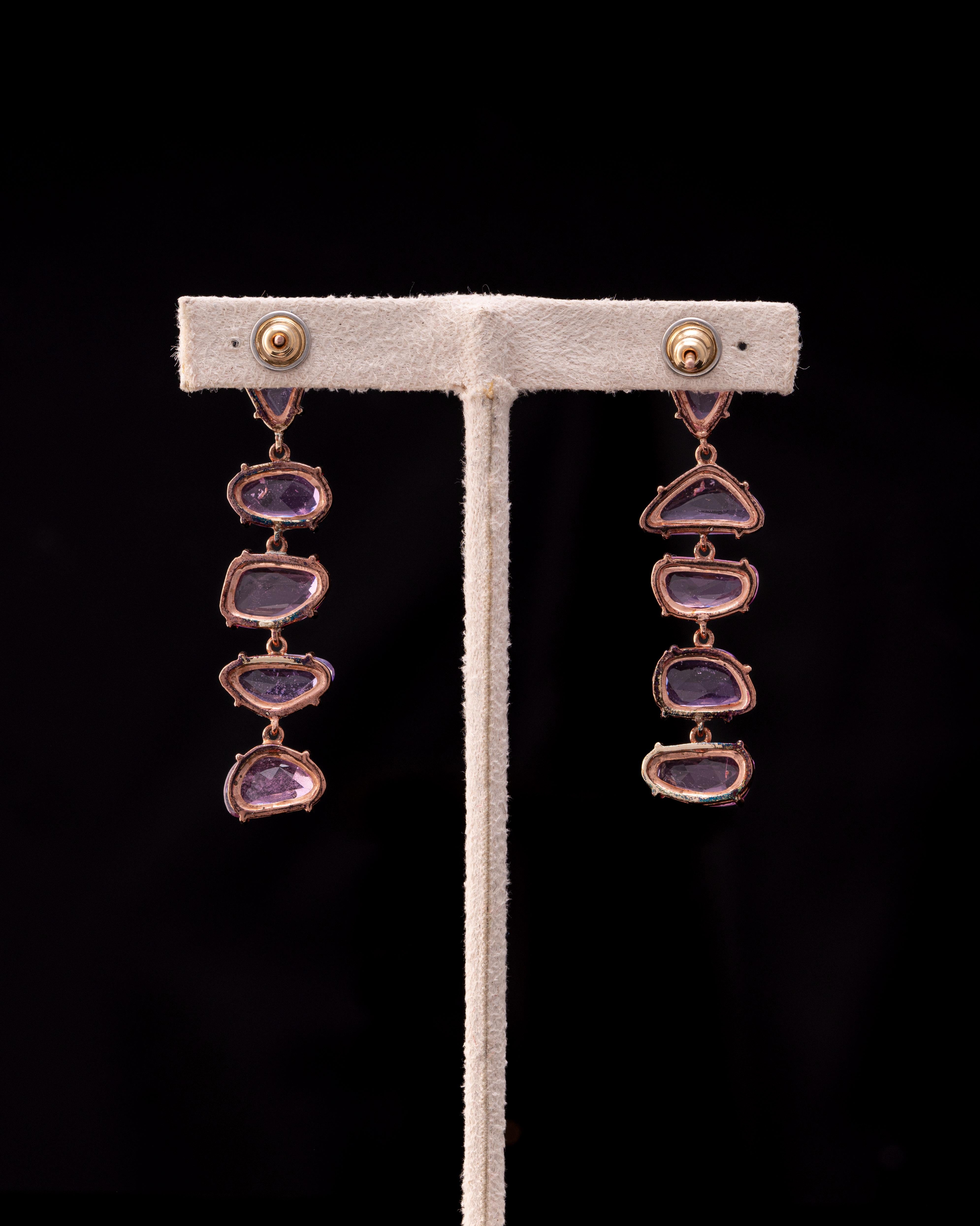 Modern Certified Pink Sapphire Rose Cut 18 Karat Rose Gold Drop Earrings For Sale