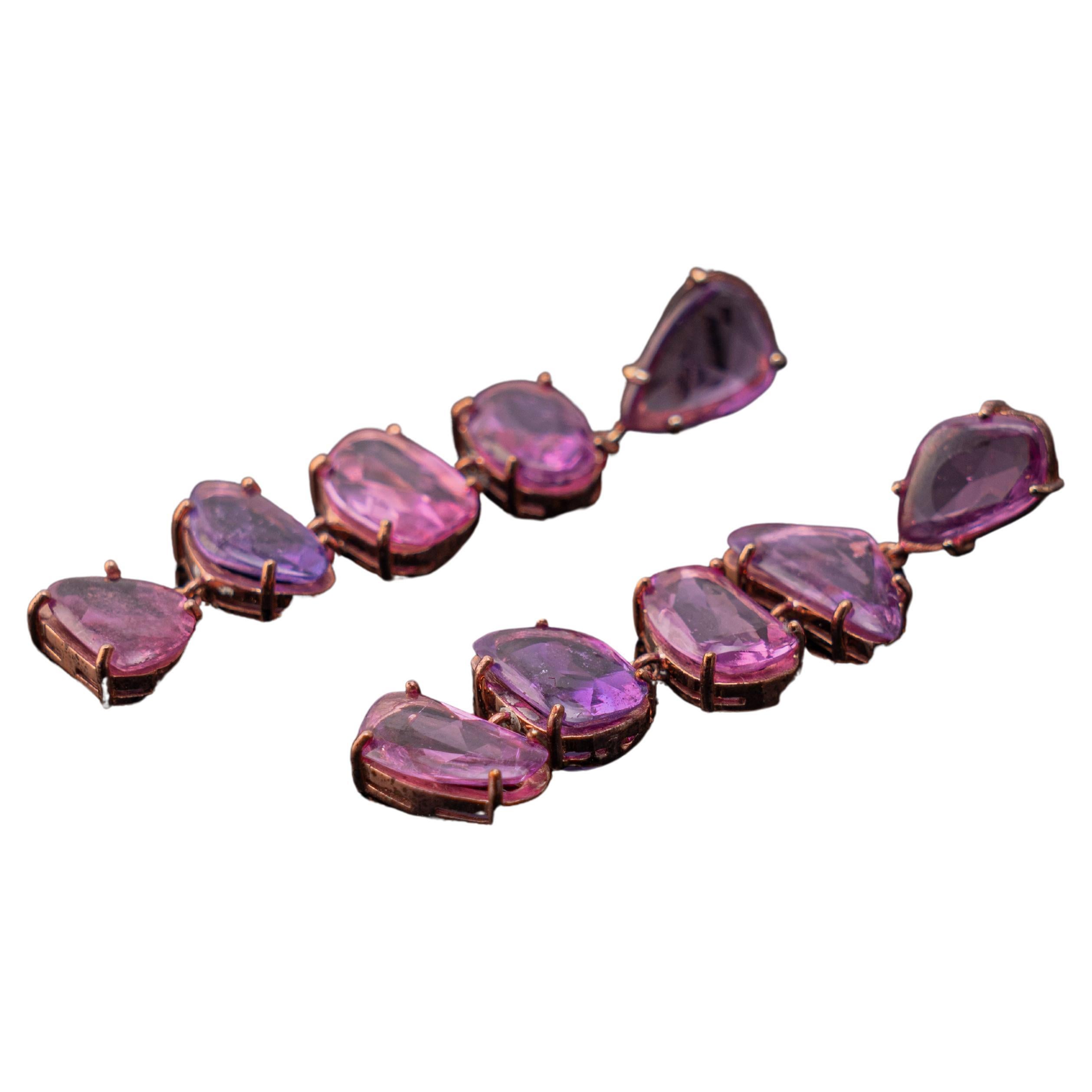 Certified Pink Sapphire Rose Cut 18 Karat Rose Gold Drop Earrings For Sale