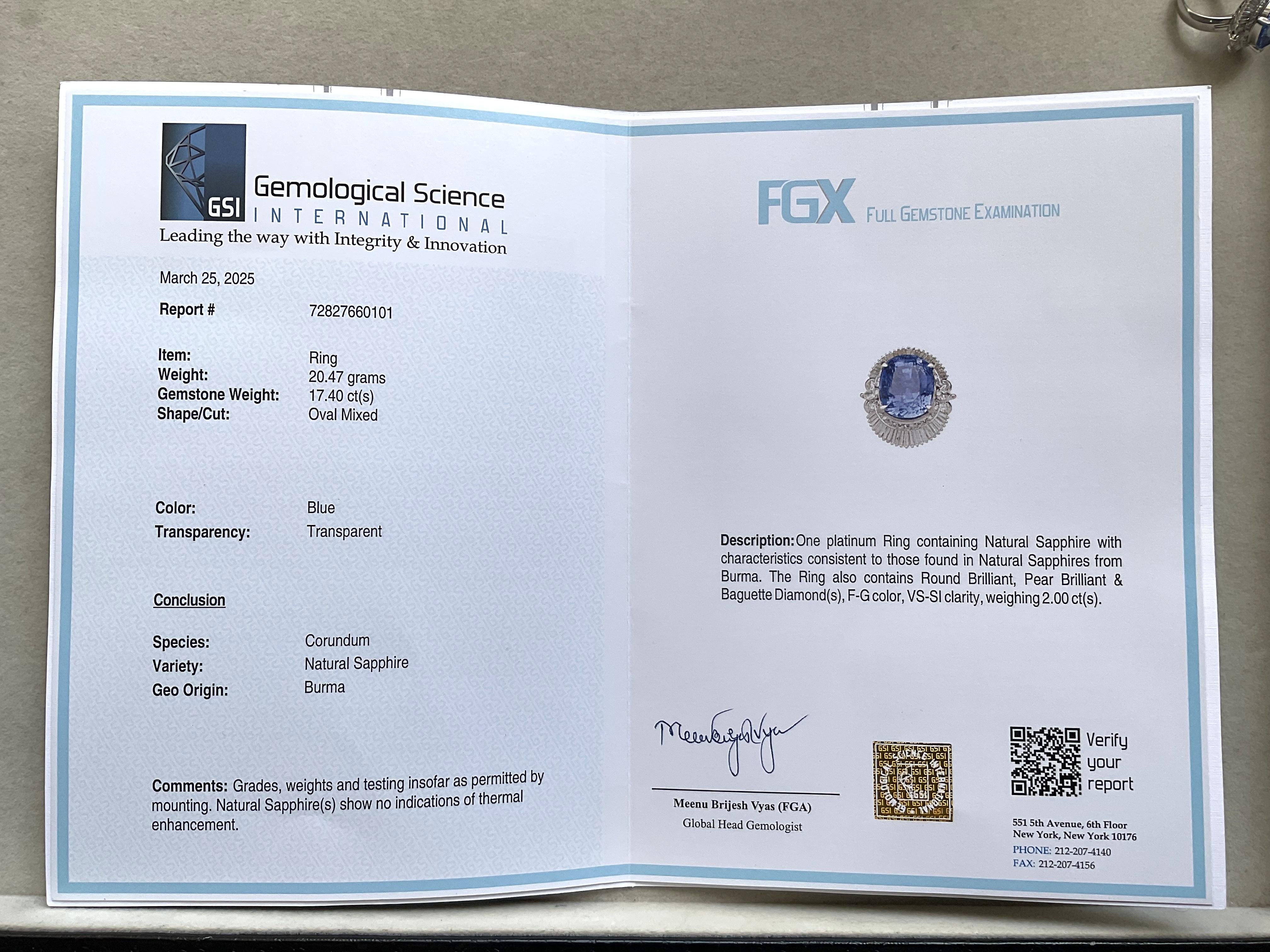 Certified Platinum Burma Blue Sapphire 17.4 Ct With 2.00 Ct Natural Diamond Ring For Sale 7