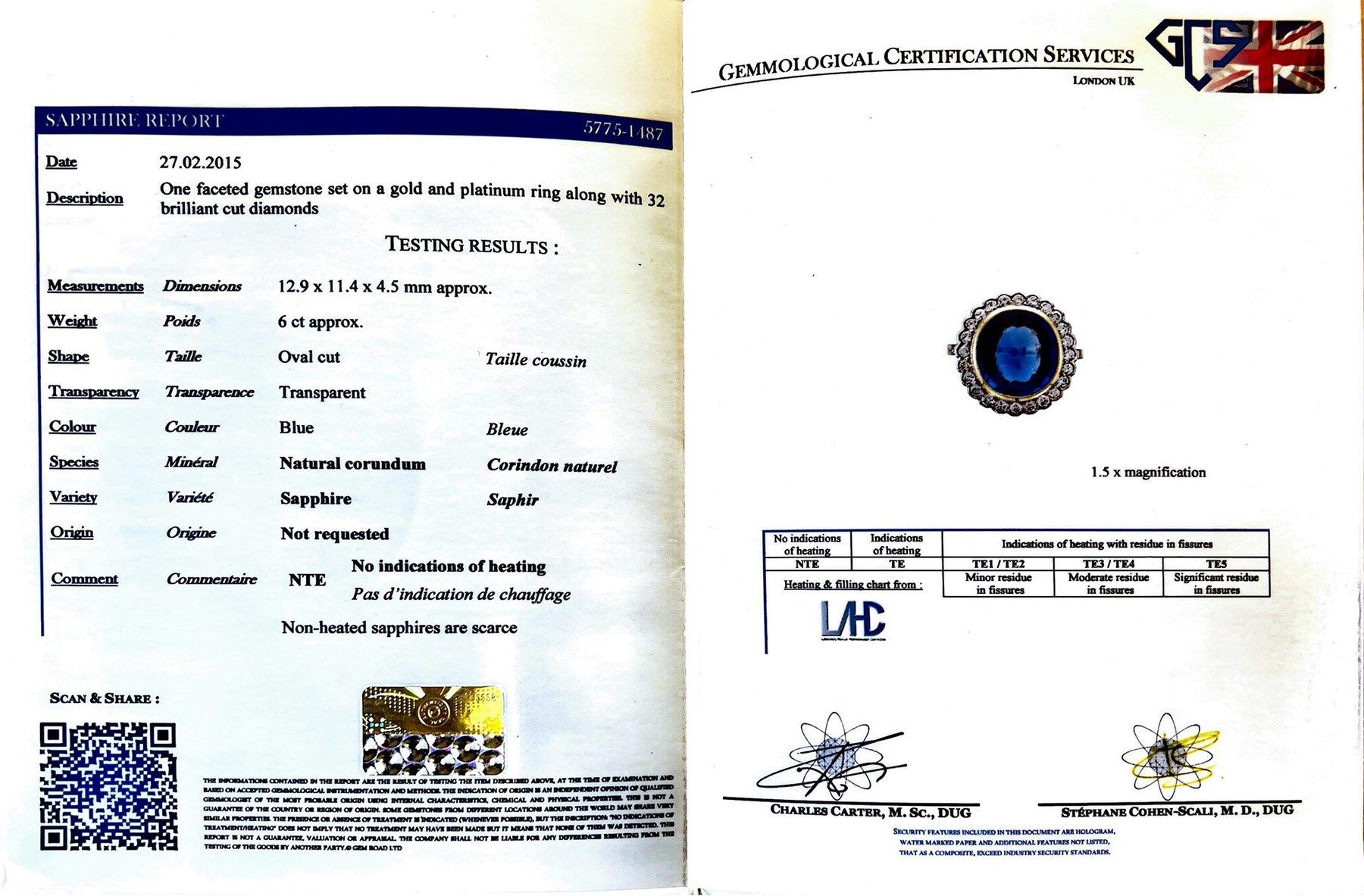 Taglio ovale Anello a grappolo in platino certificato con 6 carati non riscaldati. Zaffiro blu e diamanti in vendita