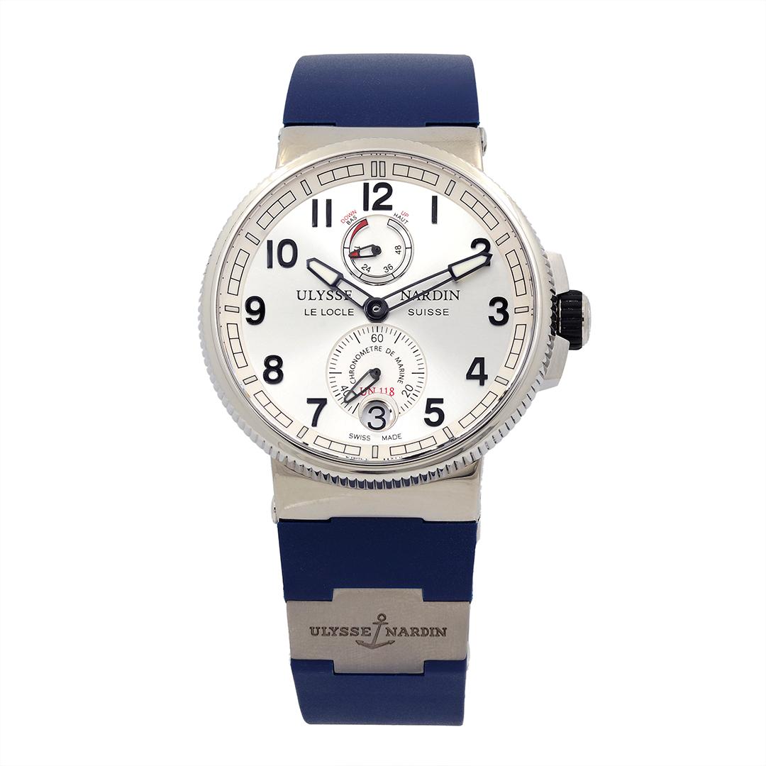 Model: Ulysse Nardin Marine Chronometer
Movement: Automatic
Case Material: Stainless Steel
Case Size: 43mm
Dial: Silver Arabic
Strap: Blue Rubber
Circa: 2013
Comes with box and papers
