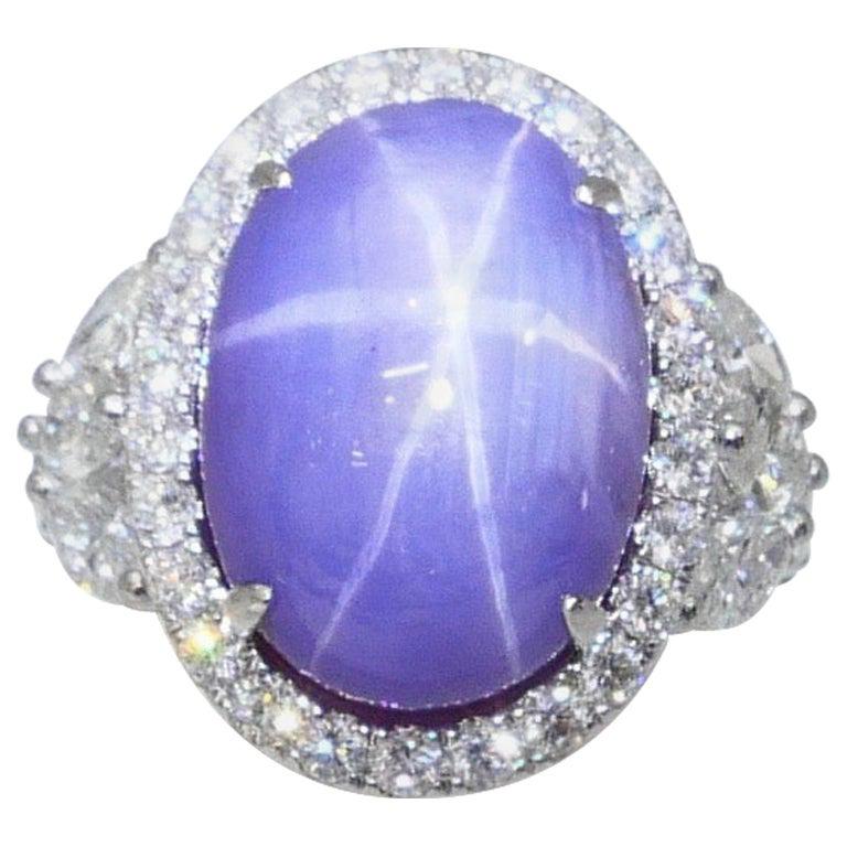 Certified Purple Star Sapphire 20.70 Carat Diamond Cocktail Ring, Statement Ring