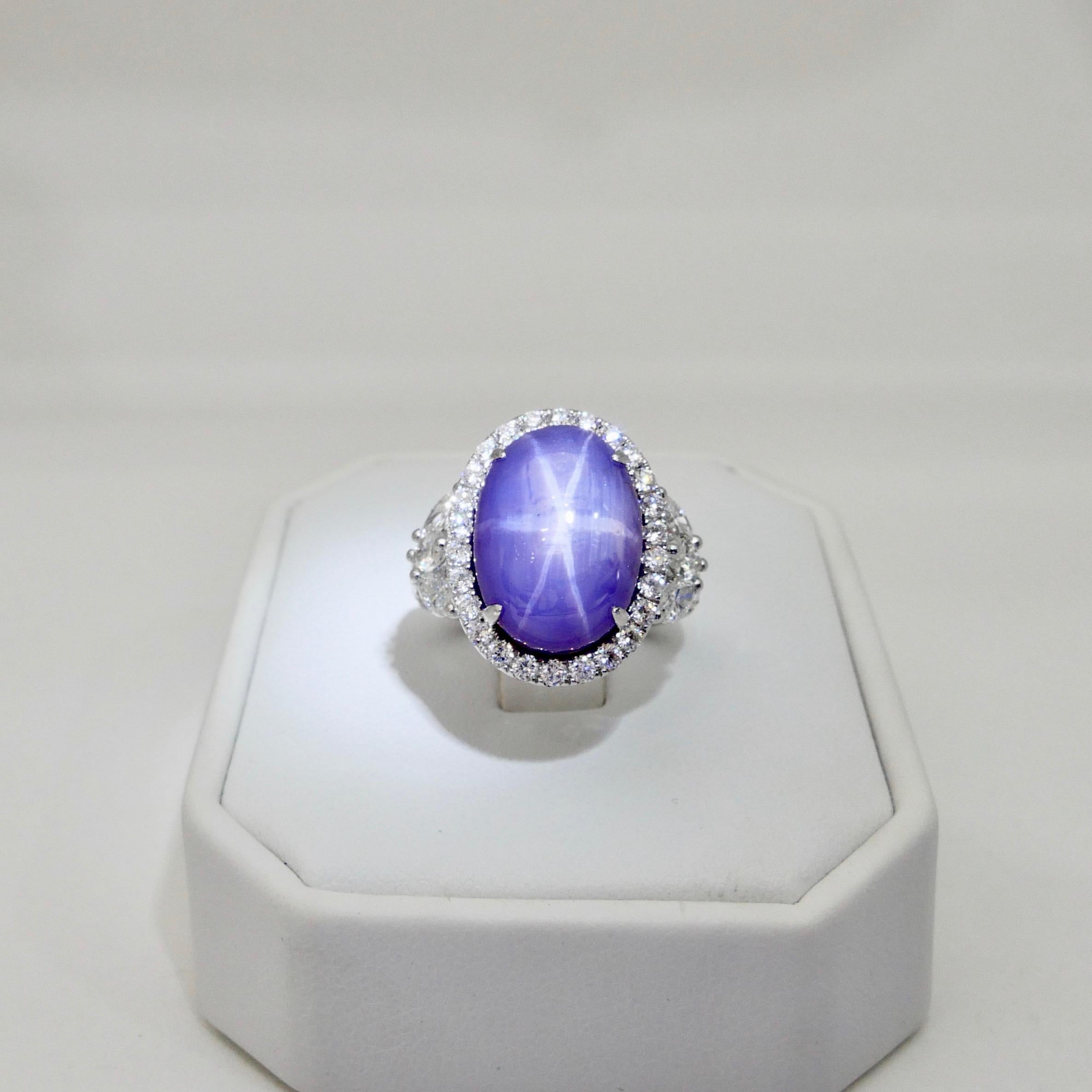 Certified Purple Star Sapphire 20.70 Carat Diamond Cocktail Ring, Statement Ring 3