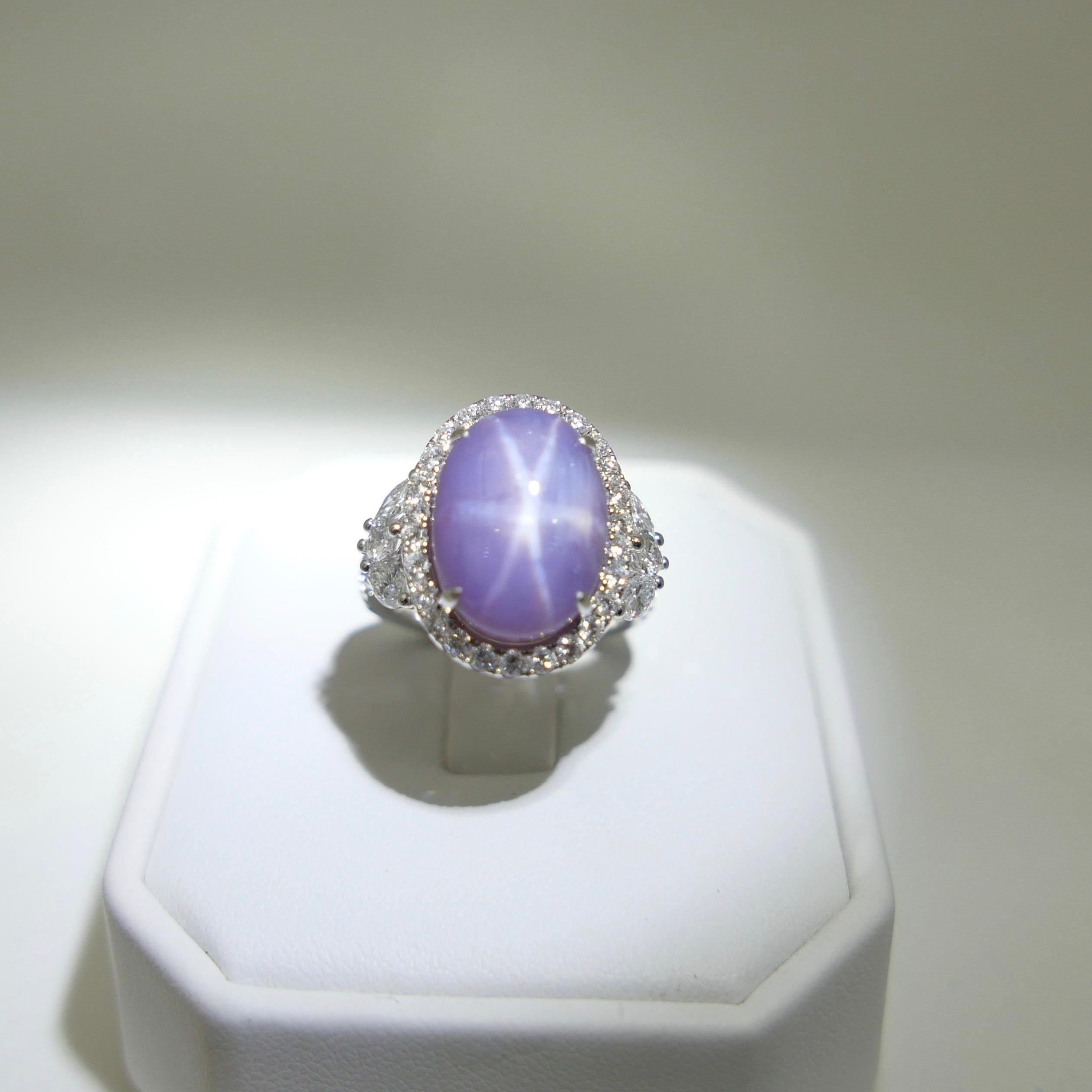 Oval Cut Certified Purple Star Sapphire 20.70 Carat Diamond Cocktail Ring, Statement Ring