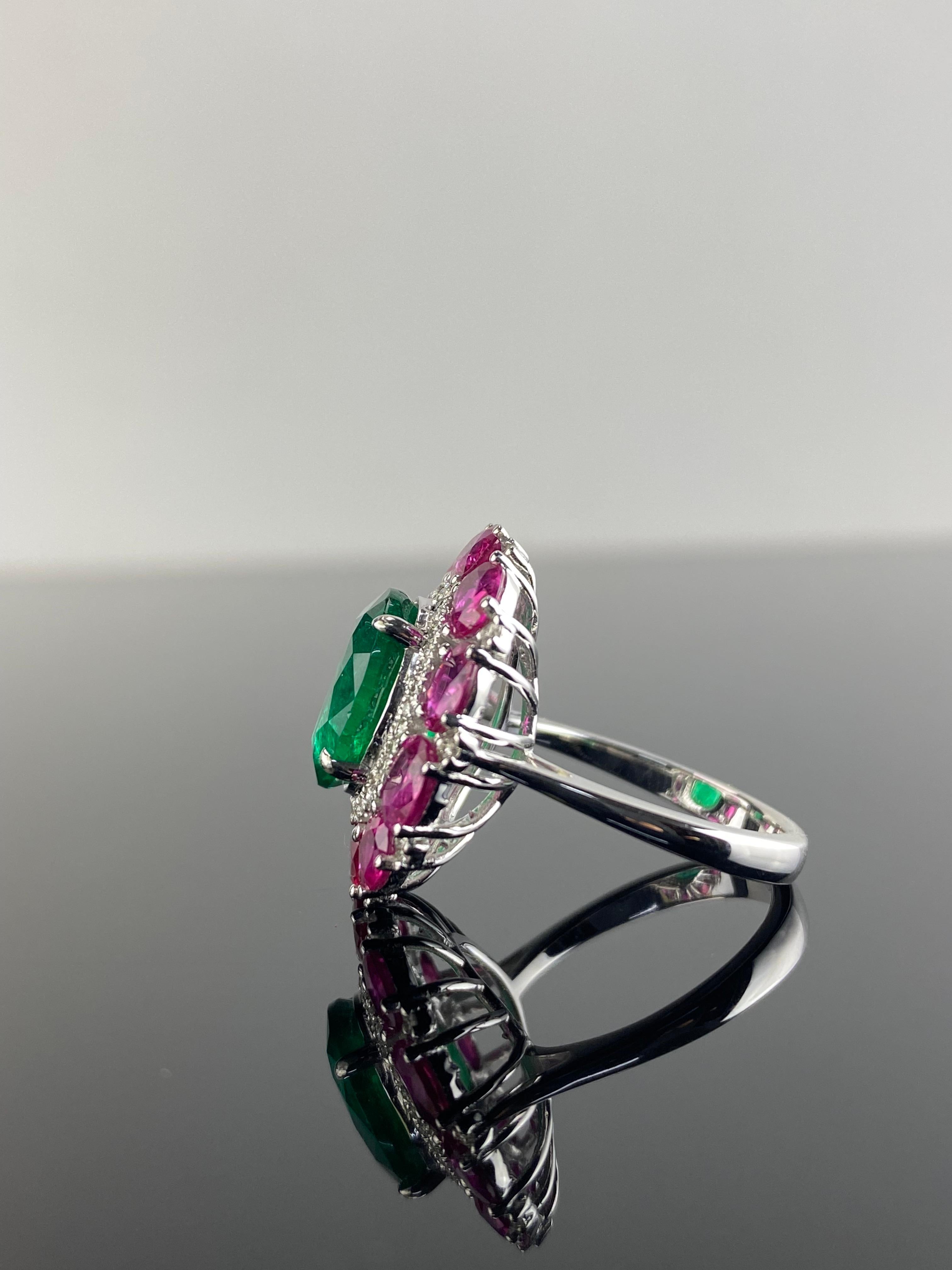 Modern Certified Rare 4.67 Emerald, Ruby And Diamond Ring Set In 18K White Gold