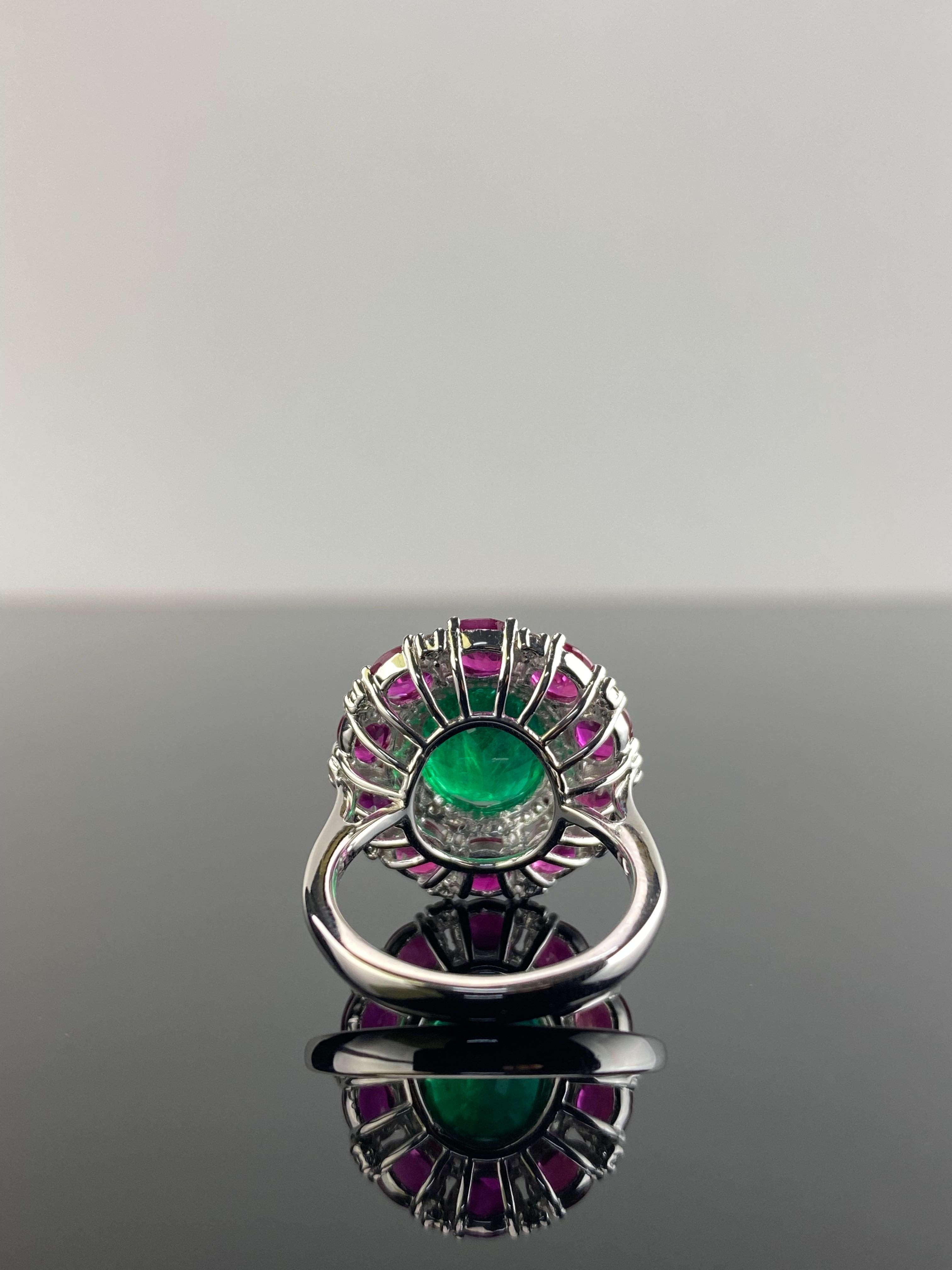 Oval Cut Certified Rare 4.67 Emerald, Ruby And Diamond Ring Set In 18K White Gold