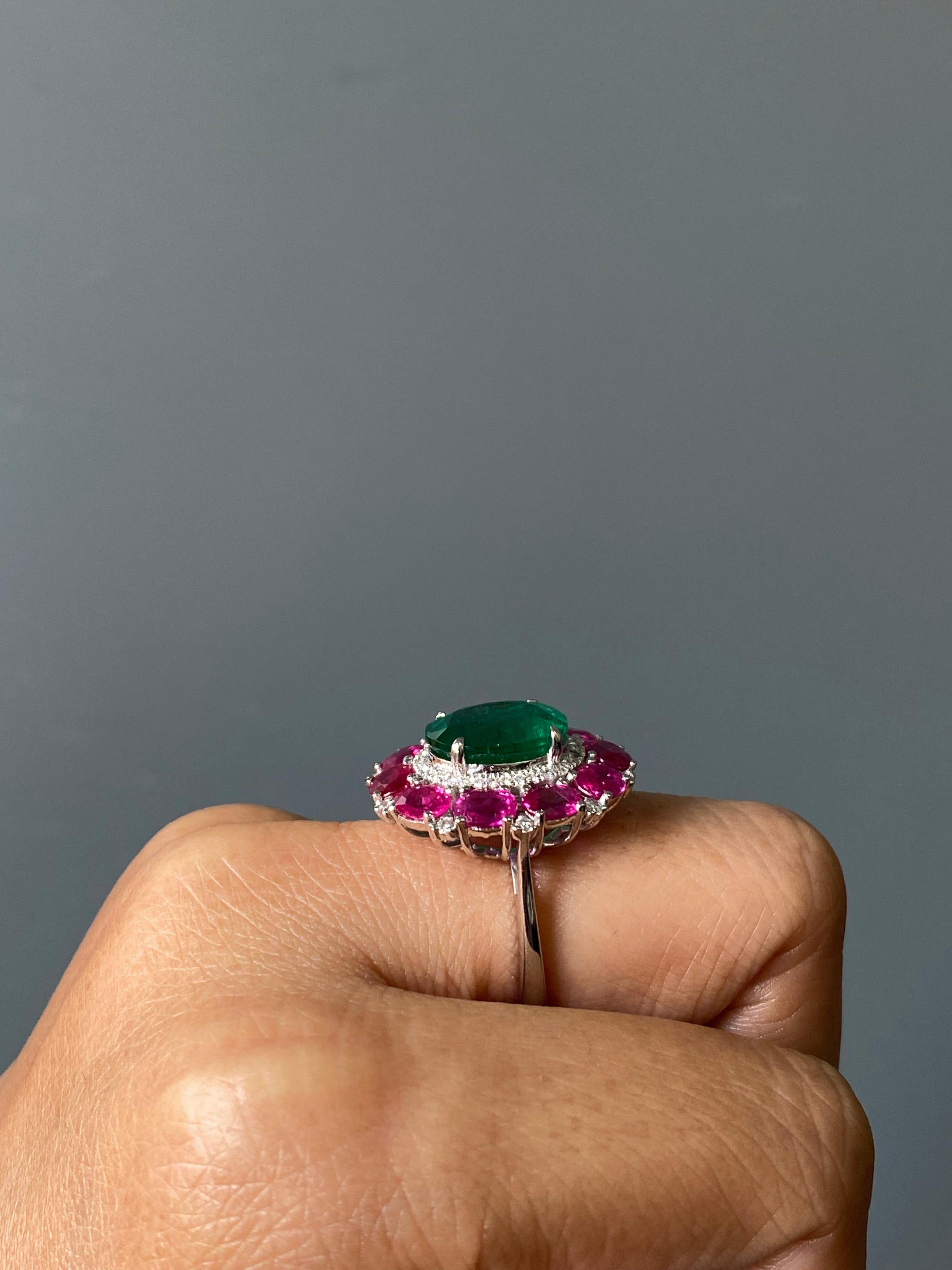Certified Rare 4.67 Emerald, Ruby And Diamond Ring Set In 18K White Gold 1