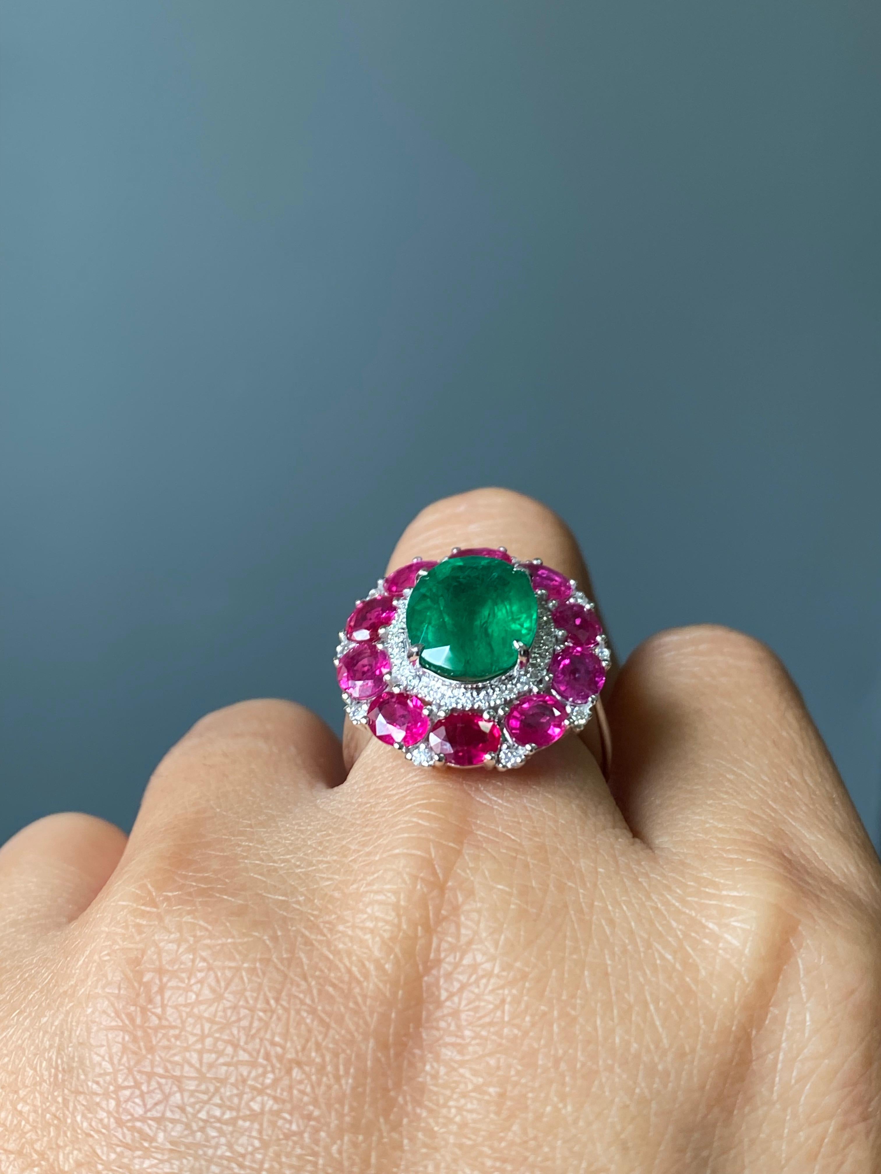 Certified Rare 4.67 Emerald, Ruby And Diamond Ring Set In 18K White Gold 2