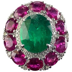 Certified Rare 4.67 Emerald, Ruby And Diamond Ring Set In 18K White Gold