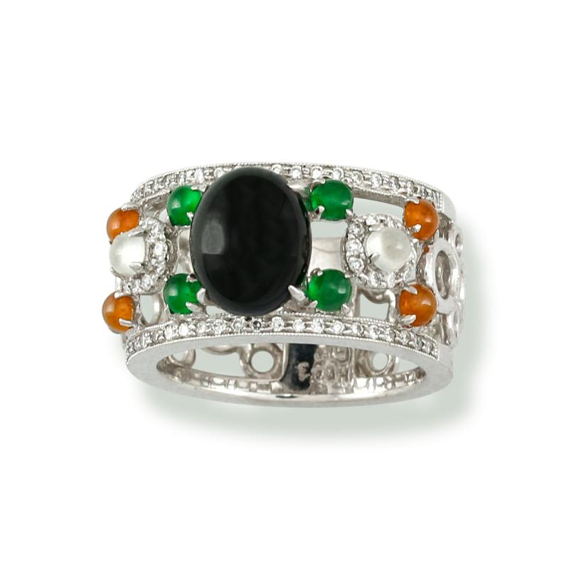 An incredible one-of-a-kind designer 18k white gold ring that features an 8x10mm black jadeite jade oval cabochon set with fine ice, red and green jadeite jade accents stones as well as .33cts of round diamonds. Finger size 7.5.

*** Mason-Kay Jade