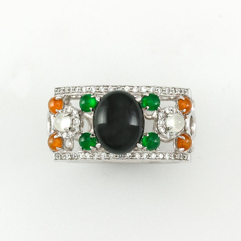 Certified Rare Black Jadeite Designer 18K Ring with Jadeite & Diamond Accents In New Condition For Sale In Littleton, CO