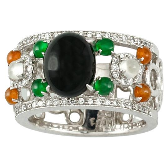 Certified Rare Black Jadeite Designer 18K Ring with Jadeite & Diamond Accents For Sale