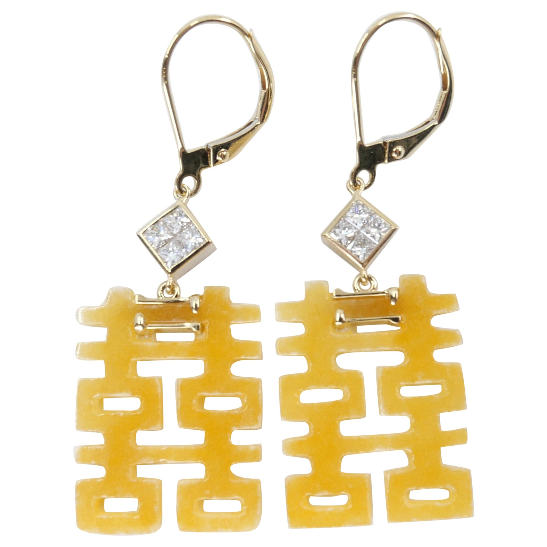 Boucles d'oreilles rares et certifiées en jade jaune naturel et diamant, double bonheur ! 19 mm en vente