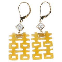 Certified Rare Natural Yellow Jade & Diamond Earrings, Double Happiness! 19mm